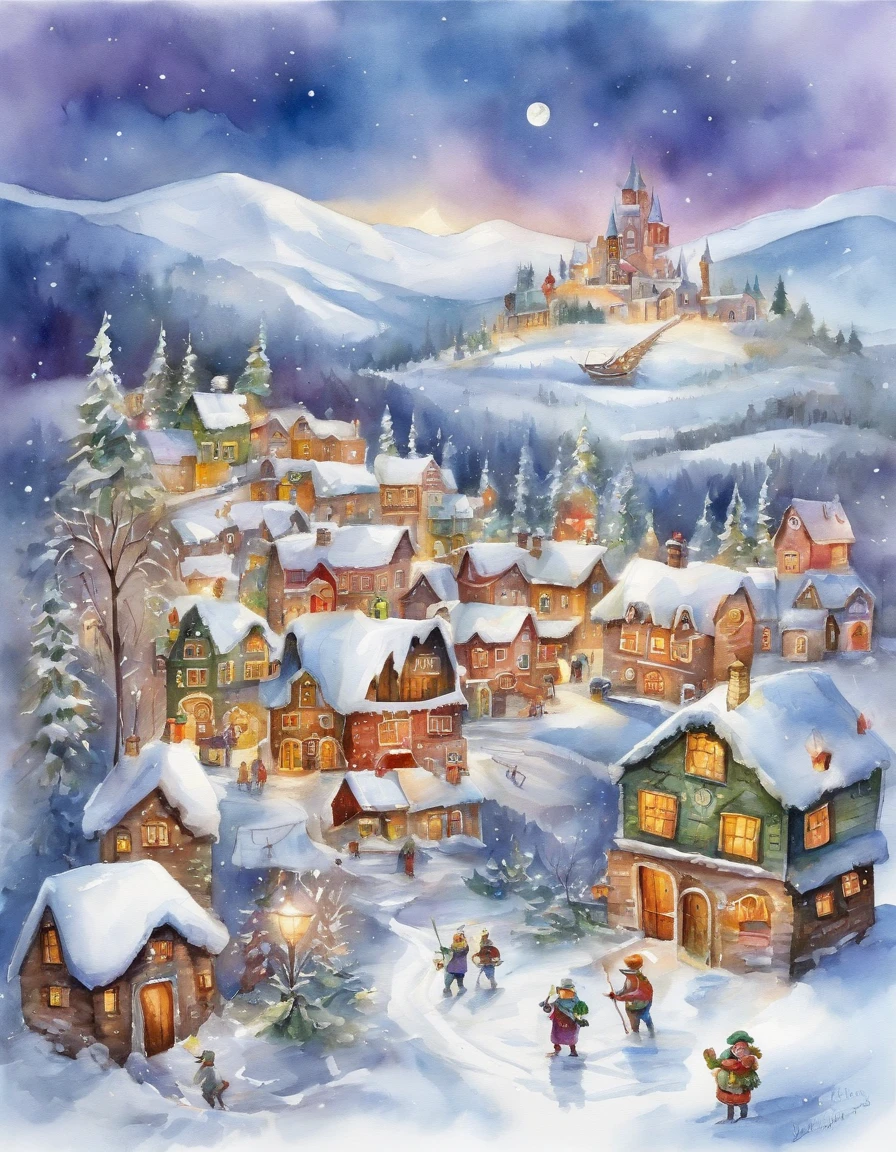 Paints a breathtaking view of a snow-covered plateau with enchanting villages surrounded by colorful lights. draw in the center, two young elves. draw a giant snowman, Wear sunglasses and a pirate hat.