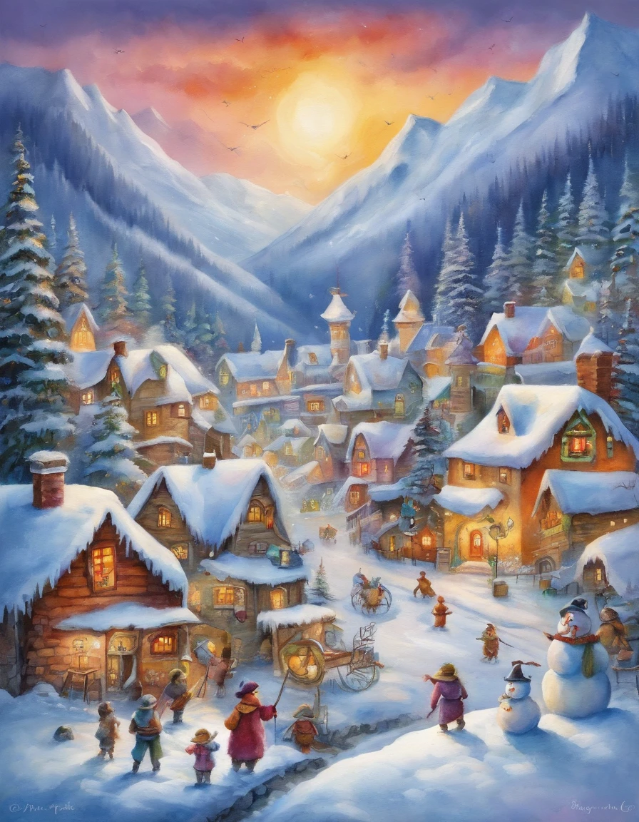 Paints a breathtaking view of a snow-covered plateau with enchanting villages surrounded by colorful lights.  draw in the center, two young elves. draw a giant snowman, Wear sunglasses and a pirate hat.