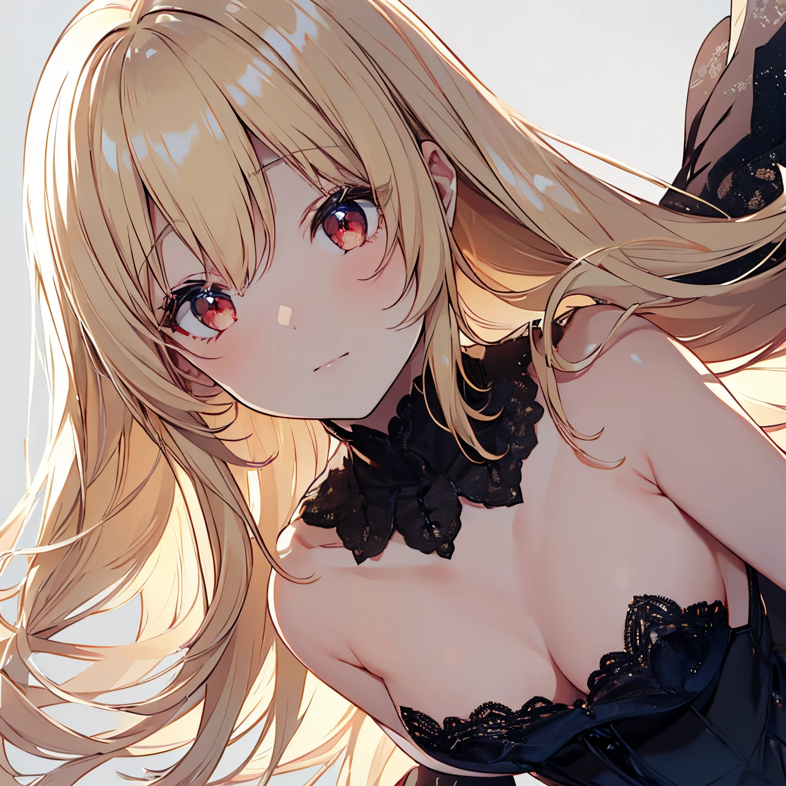 1 girl in, no smile, sparkling navy red eyes, (blonde hair) , small stature, small breasts, , (masutepiece:1.2, Best Quality), (finely detailed beautiful eye: 1.2), (beautifull detailed face), High contrast, (Best Illumination, extremely delicate and beautiful), ((Cinematic Light)), Dramatic light, (Pale white background:1.5), shoulder length hair, collarbone, black long dress,
