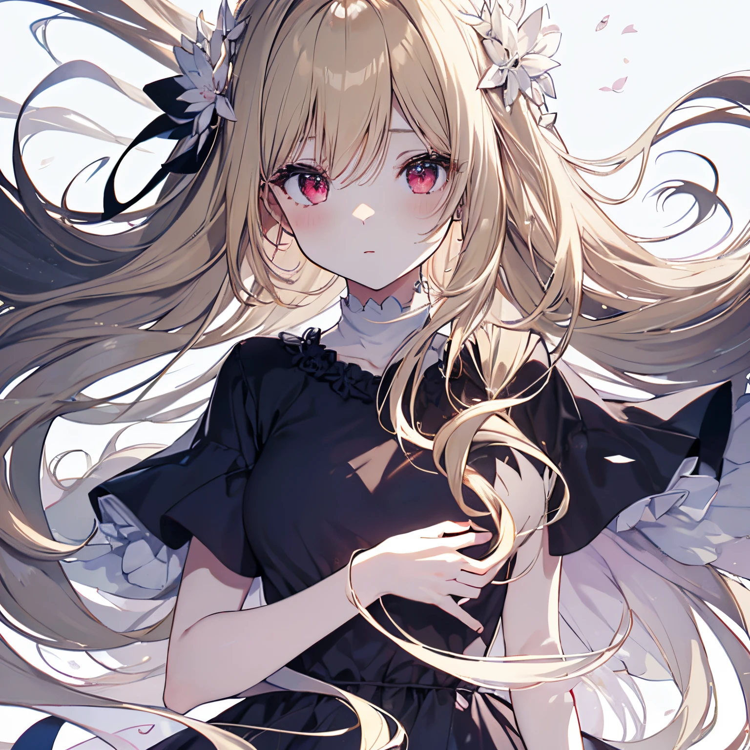 1 girl in, no smile, sparkling navy red eyes, (blonde hair) , small stature, small breasts, loli, (masutepiece:1.2, Best Quality), (finely detailed beautiful eye: 1.2), (beautifull detailed face), High contrast, (Best Illumination, extremely delicate and beautiful), ((Cinematic Light)), Dramatic light, (Pale white background:1.5), shoulder length hair, collarbone, black long dress,