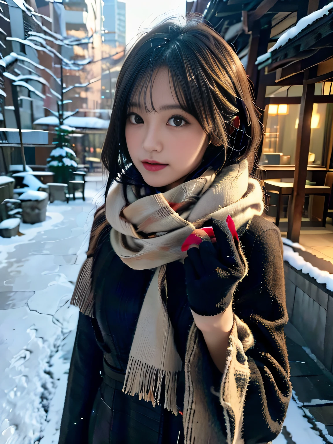 It's snowing、Christmas Cityscape、Winter Outfit、Portrait of a woman in a scarf and gloves, top-quality、hyper HD、奈良美智, Japanese Models, Beautiful Japan Girl, With short hair, 27-year-old female model, 4 k ], 4K], 27yo, sakimichan, sakimichan