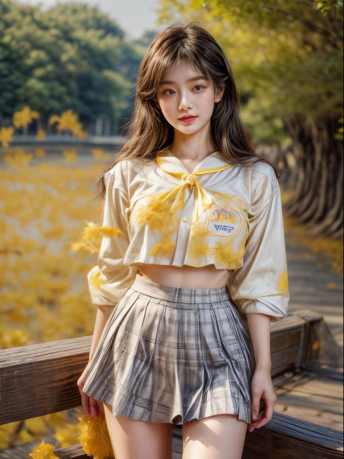 masterpiece、8K、32K、top-quality、(A detailed eye)、(A cute Japanese woman、bangss)、23years old、1 girl in、elegent、(Detailed background depiction、portlate:1.2)、(sailor shirt、plaid bustle skirt)、(yellow fallen leaves:1.1)、cowboy shot、ssmile、(zoomout:1.5)、thighs thighs thighs thighs