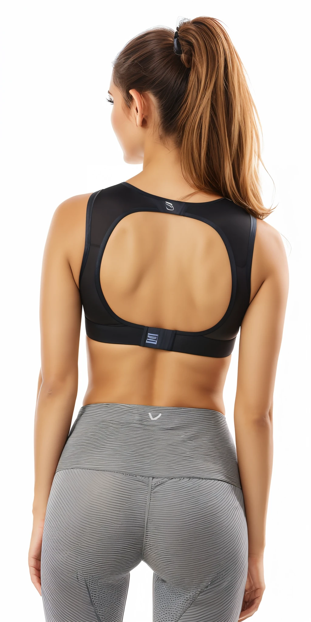 a woman in a black blouse and gray pants with a cutout on the back, Costas - Tiro, voltar - ver, view from behind, view of the back, detailed sports bra, rear facing, Backview, costas arqueadas, sports bra, seen from back, costas arqueadas, Back view, tiro pelas costas, view of the back, Esporte bom