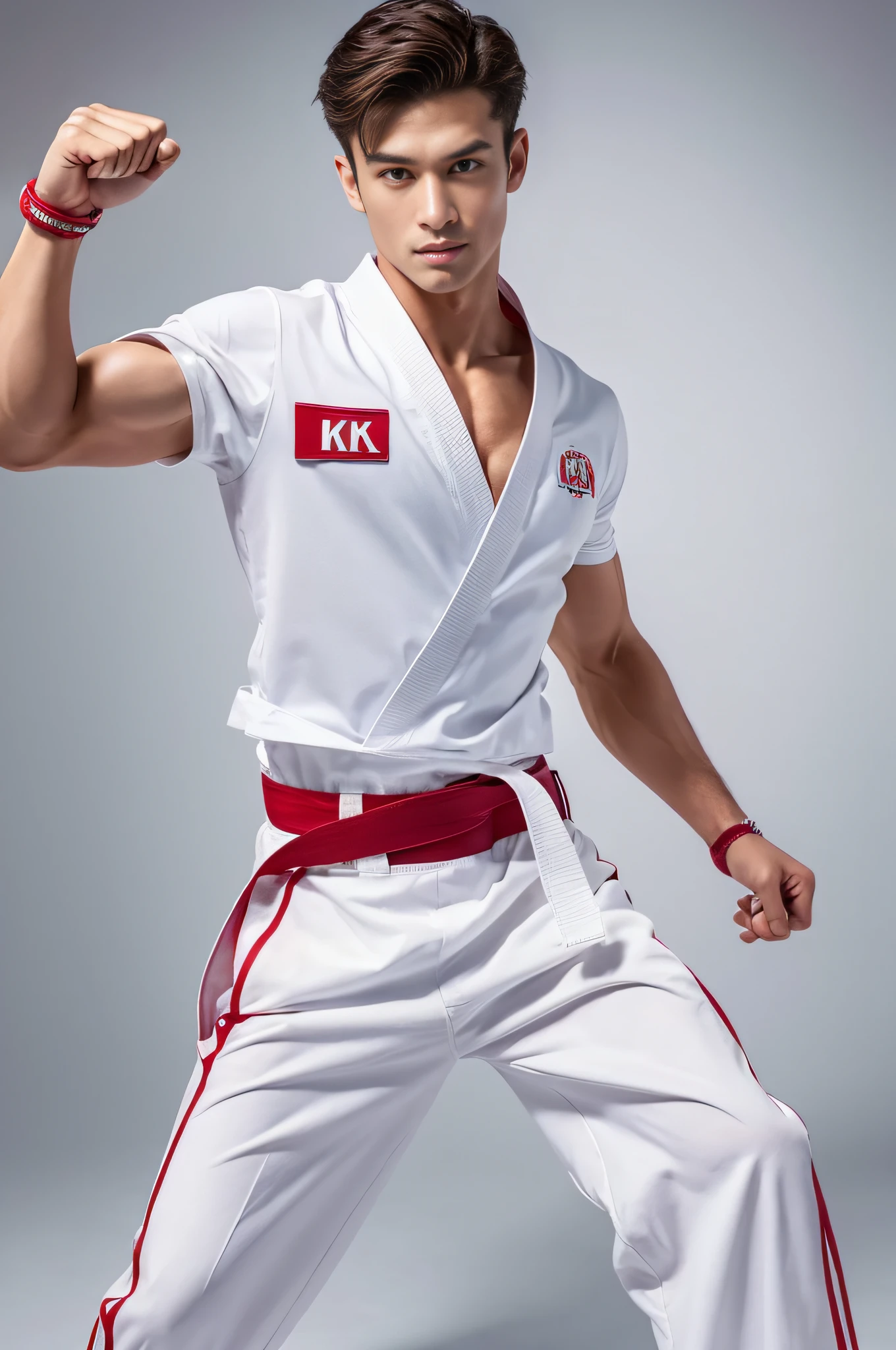 ((8k ((best quality)), ((masterpiece)), (very detailed), real face bald short male muscular male full body wear karate suit doing split
