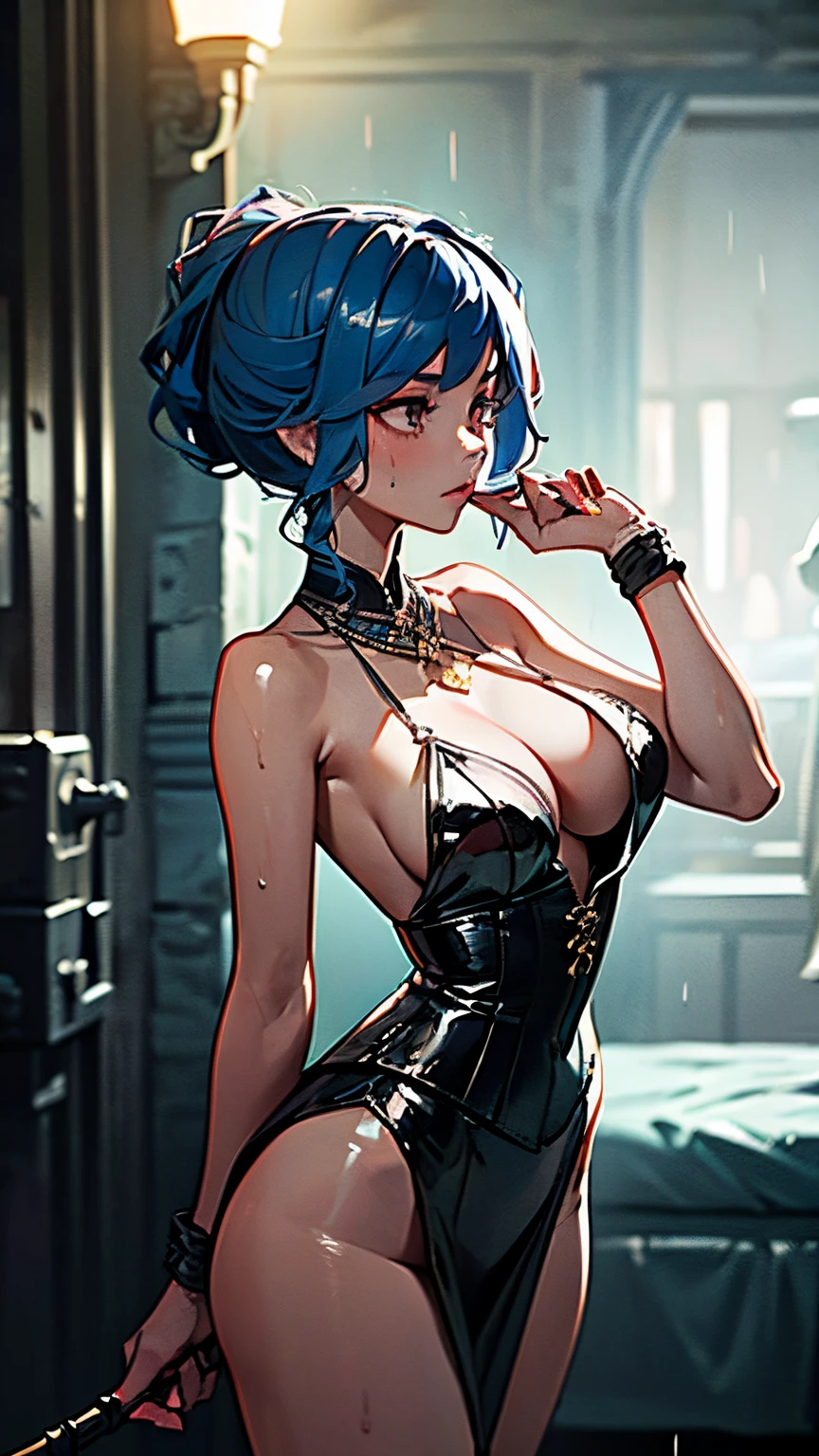 (in prison cell), (Chai Zhang), ((arm behind back)), (to wield a whip) ((Top Quality, 8k, A Masterpiece、: 1 girl.3 girls)), crisp focus: 1 girl.2 Maidens, Beautiful Woman with Perfect Figure: 1 girl.4 pcs, slim abs: 1 girl.2 Maidens, ((layer cut, big: 1 girl.2 Maidens)), (wet rainy, the street,: 1 girl.2 Maidens), wet body: 1 girl.5 girls, highly detailed face and skin texture Detailed Eyes, Very Shorthair, Studio,BDSM,slave,,,Rubber, Black Corset,Bondage, Whip, big breats