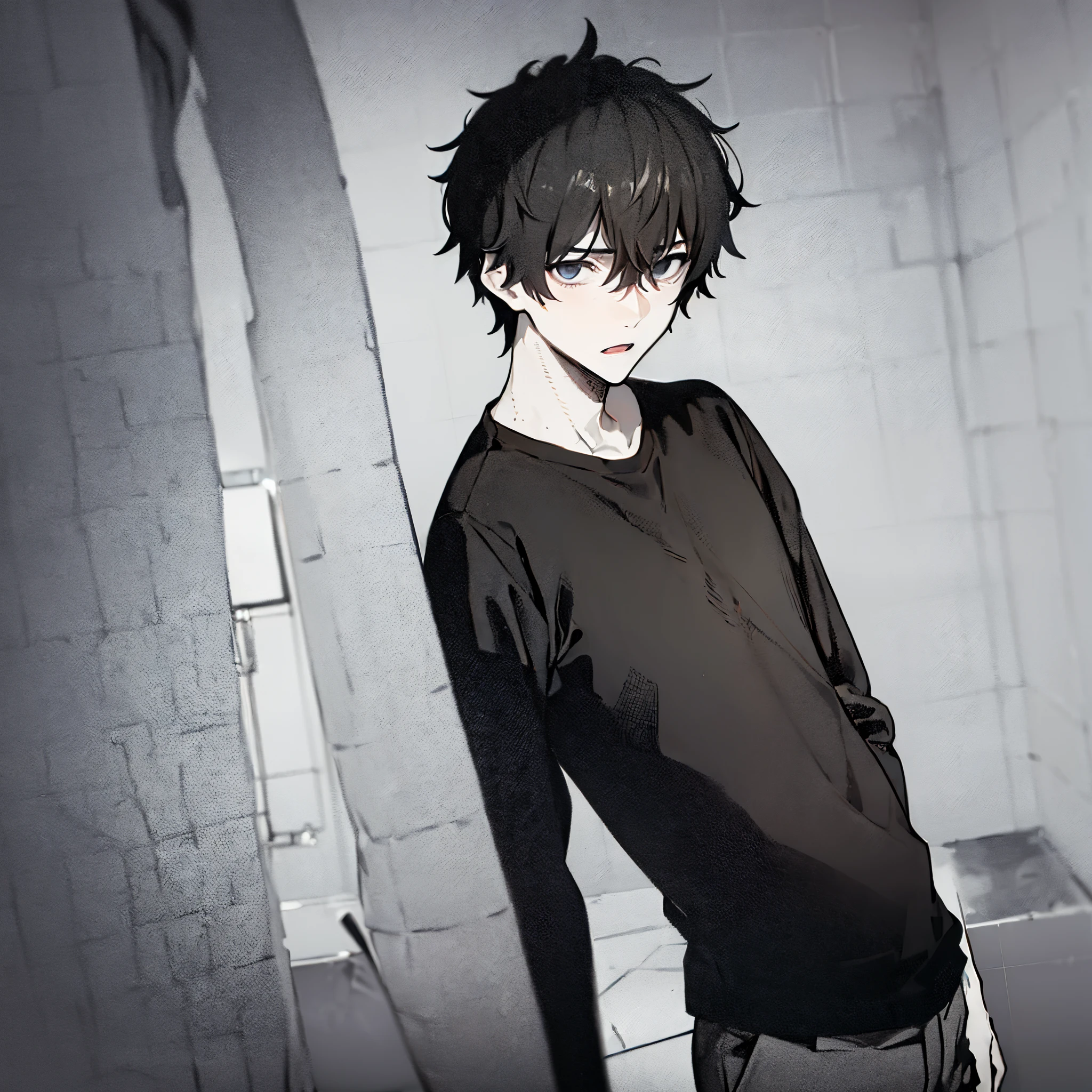 (1 guy:1.3) (in depression+social phobia+schizophrenia:1.1), (one color:1.2), shadows everywhere, portrait, short hair, (haughty:1.4), clouded look, black color in background, t-shirt,