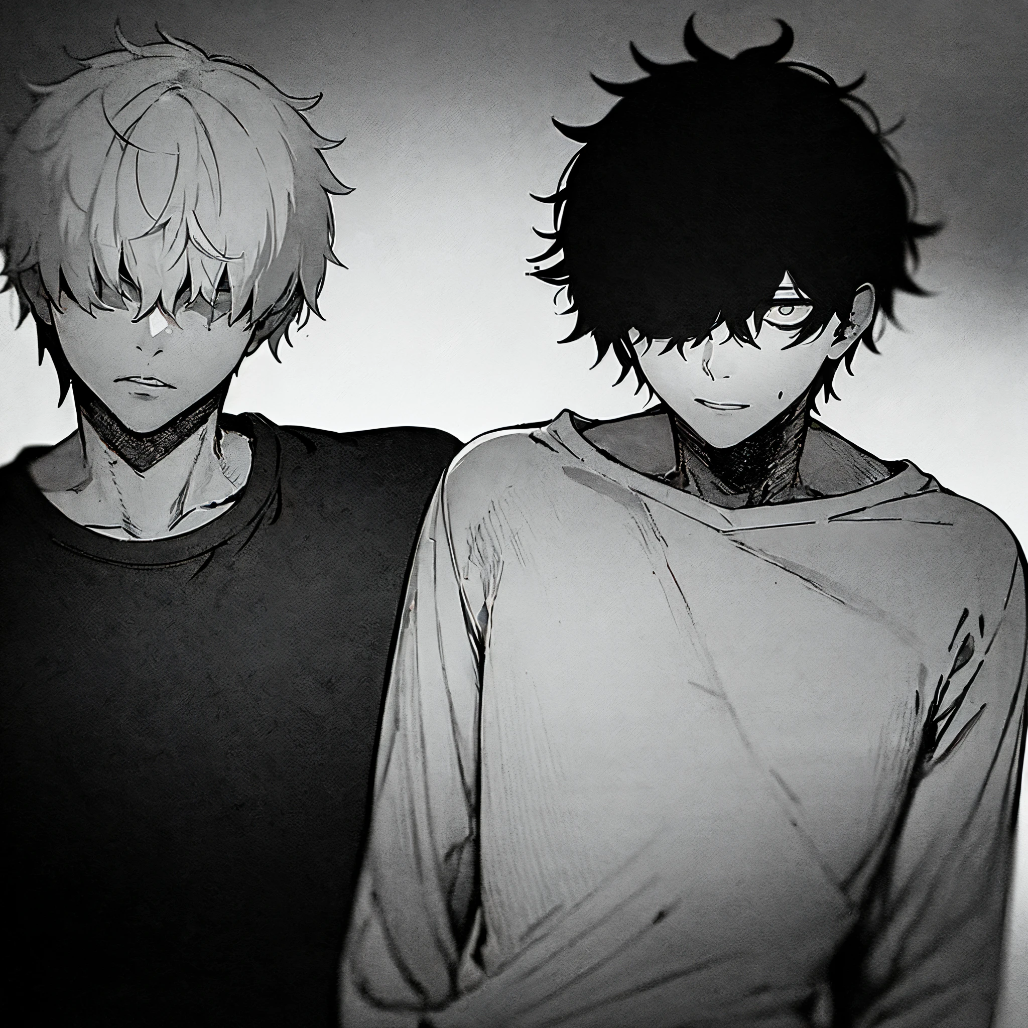 (1 guy:1.3) (in depression+social phobia+schizophrenia:1.1), (one color:1.2), shadows everywhere, portrait, short hair, (haughty:1.4), clouded look, black color in background, t-shirt,