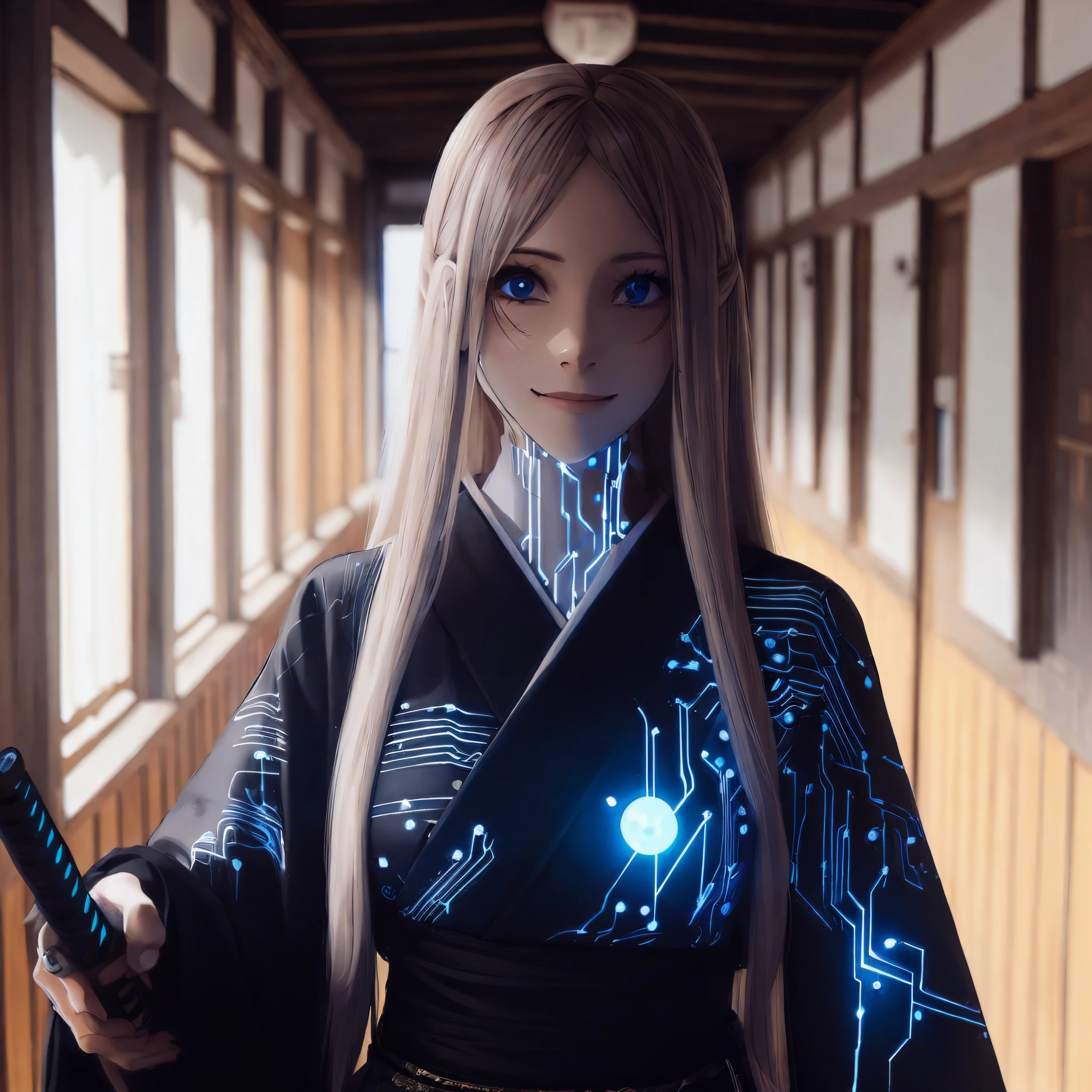 woman wearing the kimono. She wears a black kimono. she has pale skin. Circuit pattern that looks great on costumes. Dark circles under her eyes. Her eyes widened. She smiles. Hold a sword. Long hair. Blue fireball floats. wooden building. hallway.
