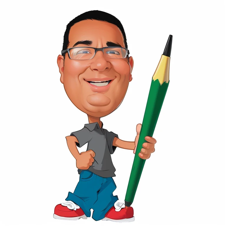 Cartoon man holding a pencil and a pencil in his hand, in cartoon style, caricature illustration, estilo caricatura, retrato dos desenhos animados, arte dos desenhos animados, caricatural, professional illustration, caricatura!!!, desenho dos desenhos animados, Cartoon style illustration, imagem dos desenhos animados, Alarcon Cartunista, professional illustration, cartoon illustration, arte dos desenhos animados, arte digital dos desenhos animados, holding pencil