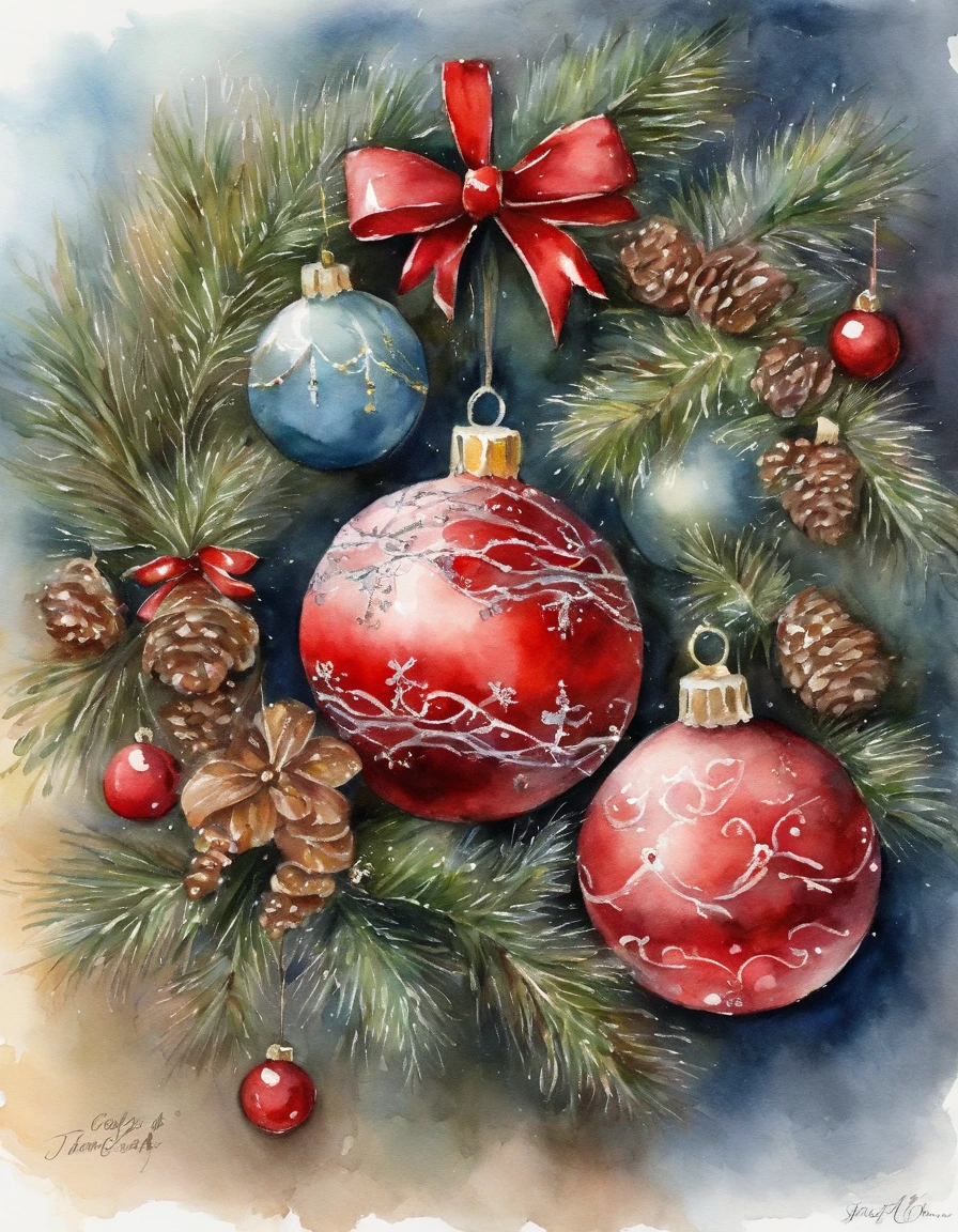 Christmas Decorations , Let&#39;s come up with a nice Christmas flyer, Includes space to write invitations, watercolor paiting, Trending on ArtStation, Sharp Focus, studio photo, Intricate details, Highly detailed, By Greg Rutkowski