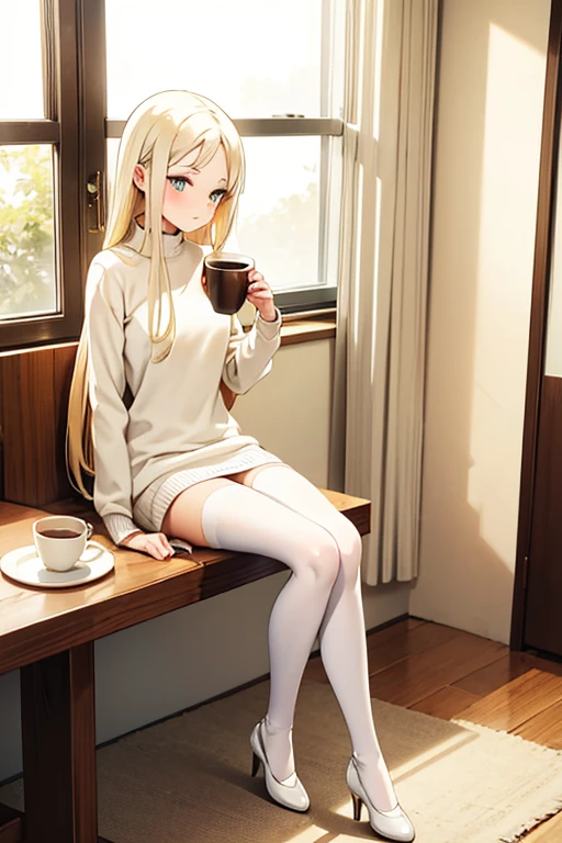 Young, slim, and petite woman with long yellow hair and very light eyes, wearing a white wool sweater that subtly emphasizes her bust, white stockings, and heels. She is sitting at the kitchen table with her legs crossed, enjoying a cup of coffee while gazing at the scenery.