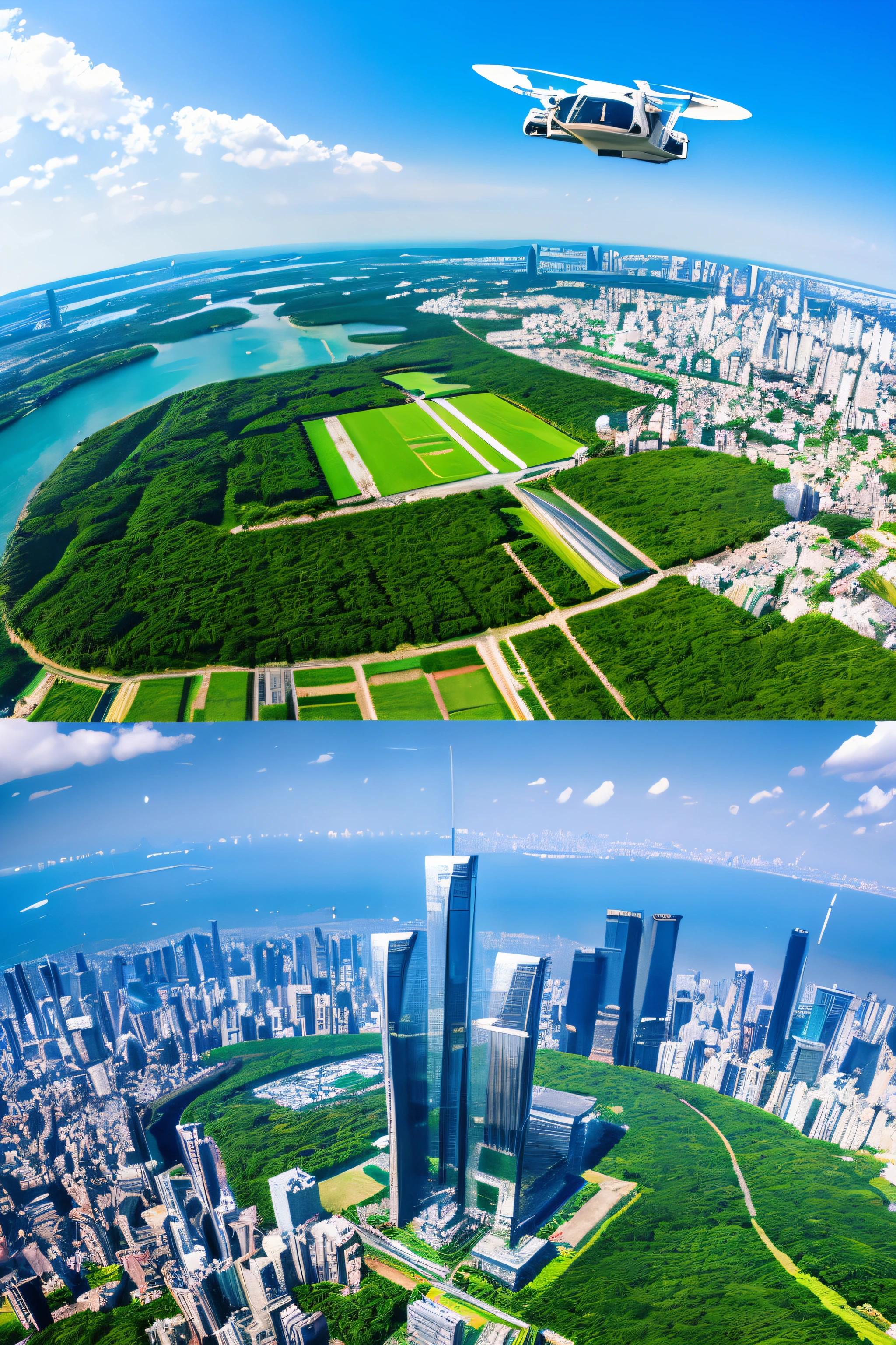 Tokyo 100 Years Later　Transportation is in a privately owned flying car　The car is 80km/h　The town has a lot of greenery　The weather is sunny　The sea is highly transparent　The building is 100 above groundｍThere are 10