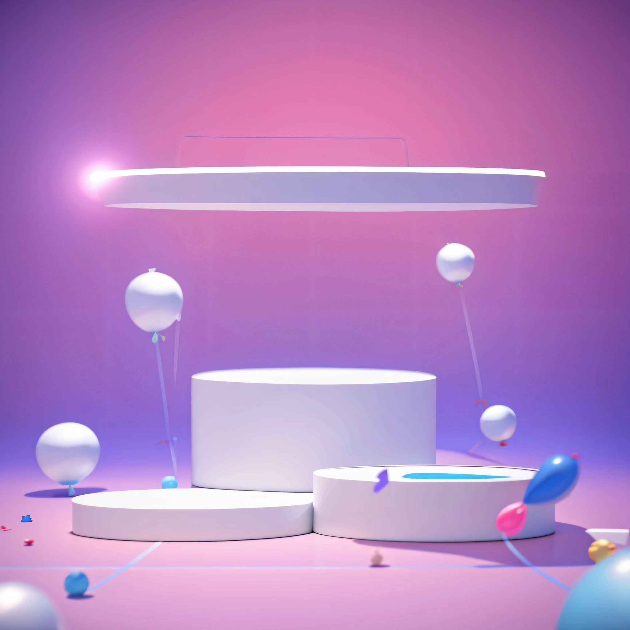 a purple background with a white pedestal and balloons, cinema 4d render colorido, Seguir tiro, Postagem no Instagram 4K, 3 d illustration, 3 d illustration, 3 d stylize scene, real trending on instagram image, motion graphic, alta qualidade 3d realista, 3d grainy aesthetic illustration, esferas e formas flutuantes, trend on behance 3d art