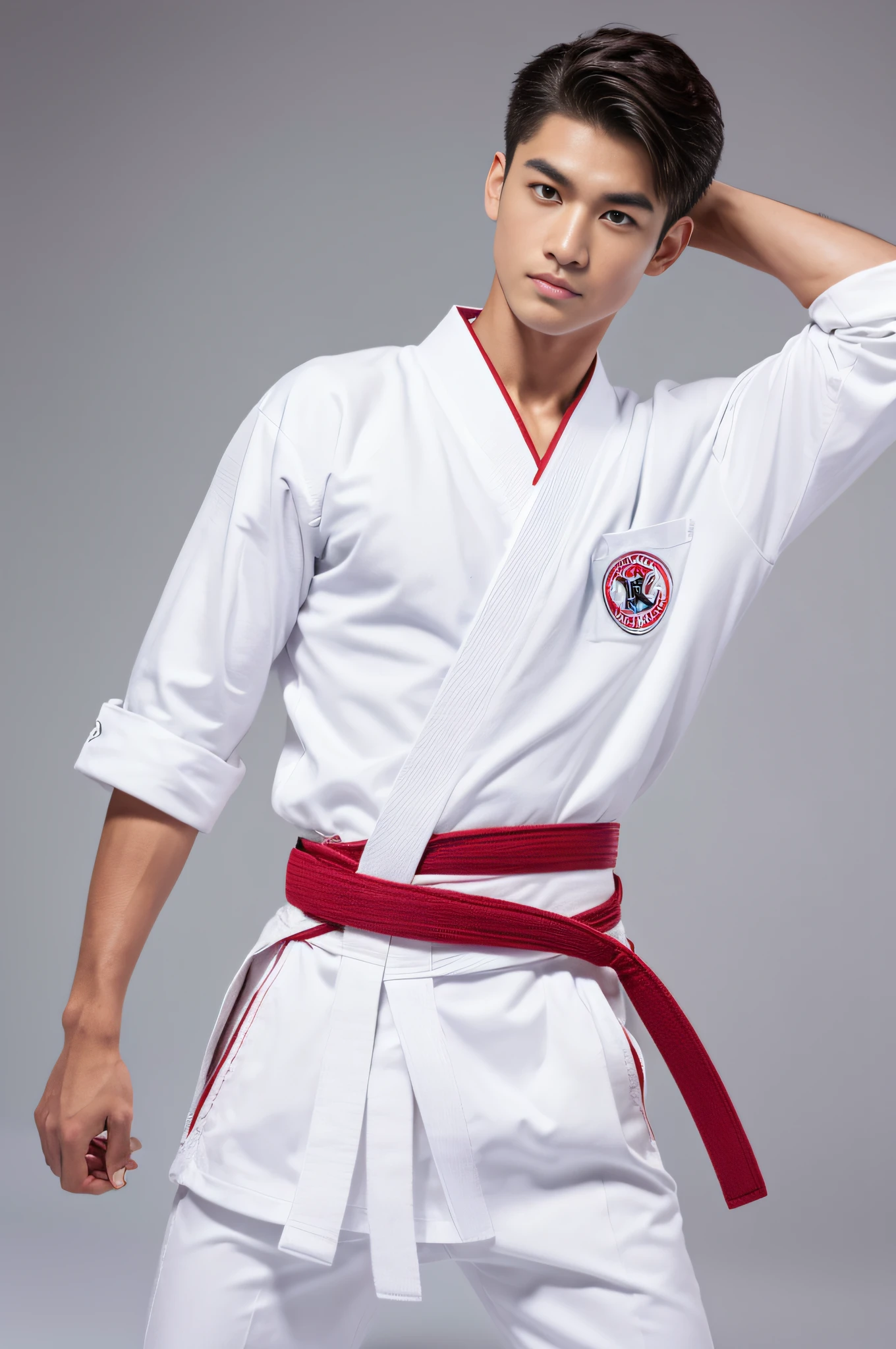 a picture, a handsome, 8k full body portrait of a man, Charming sweet look, Move ki, shorth hair, musculature, clong legs, Muscular legs,, bare-legged, Detailed muscular physique, a picture, (masterpiece, top-quality, top-quality, Official art), Stick out your fist, Large and dynamic movements, Photorealistic depiction,20yr old, Toned waist, White Karate Uniform, Karate Belt, White karate pants, Accurate depiction of details, Perfect skeleton, Look straight at your audience, sharp gaze