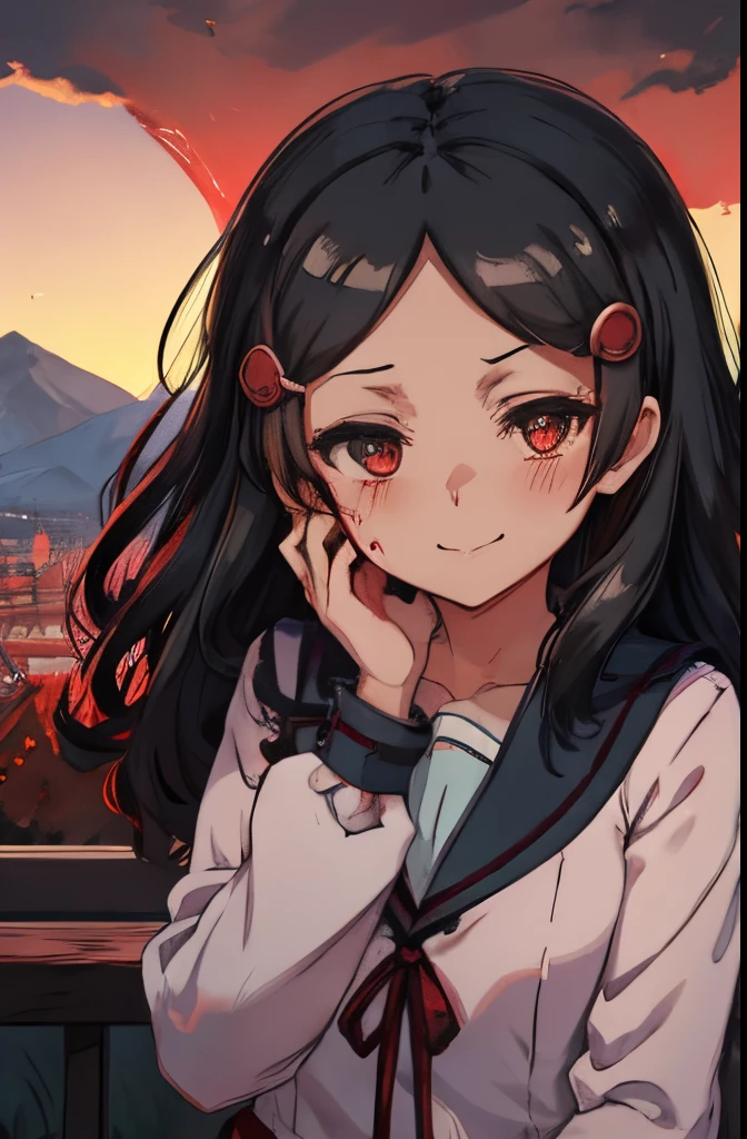 (masutepiece: 1.1), Best quality, emir, kita school uniform, Black eyes, hair clip, Castle, outside, Continuous gaze, mountain scene, looking at viewer, Night, Red sky, Blood moon, Yandere trance, Yandere, hand on own face, hand on own cheek, empty eye, blush, robust smile, Jan Dres a mile away, (Blood: 1.2), constricted pupil, black hair