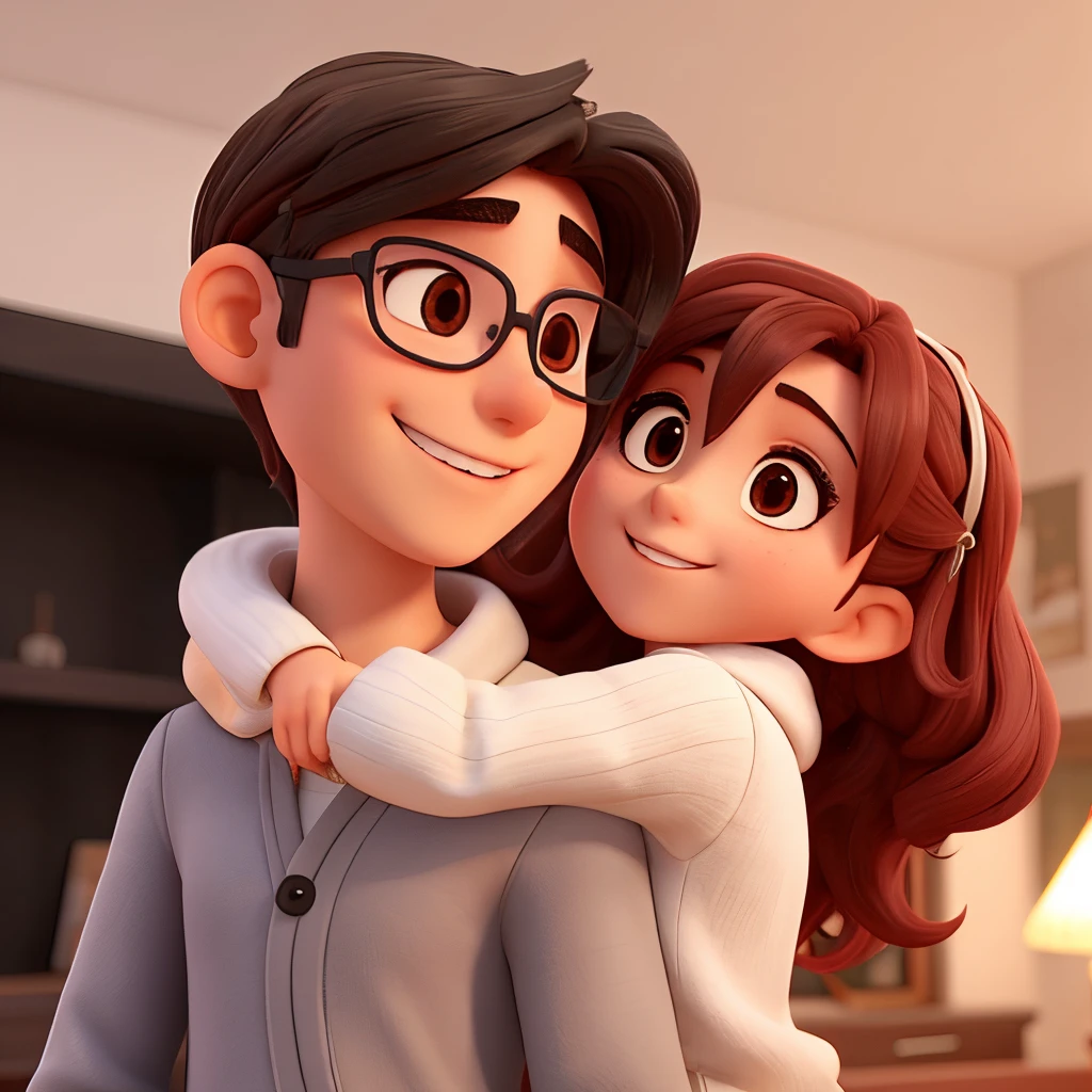 [Chico alto y delgado con abrigo negro y gafas.] [Chica pelirroja sin gafas] [tienen una gran sonrisa]