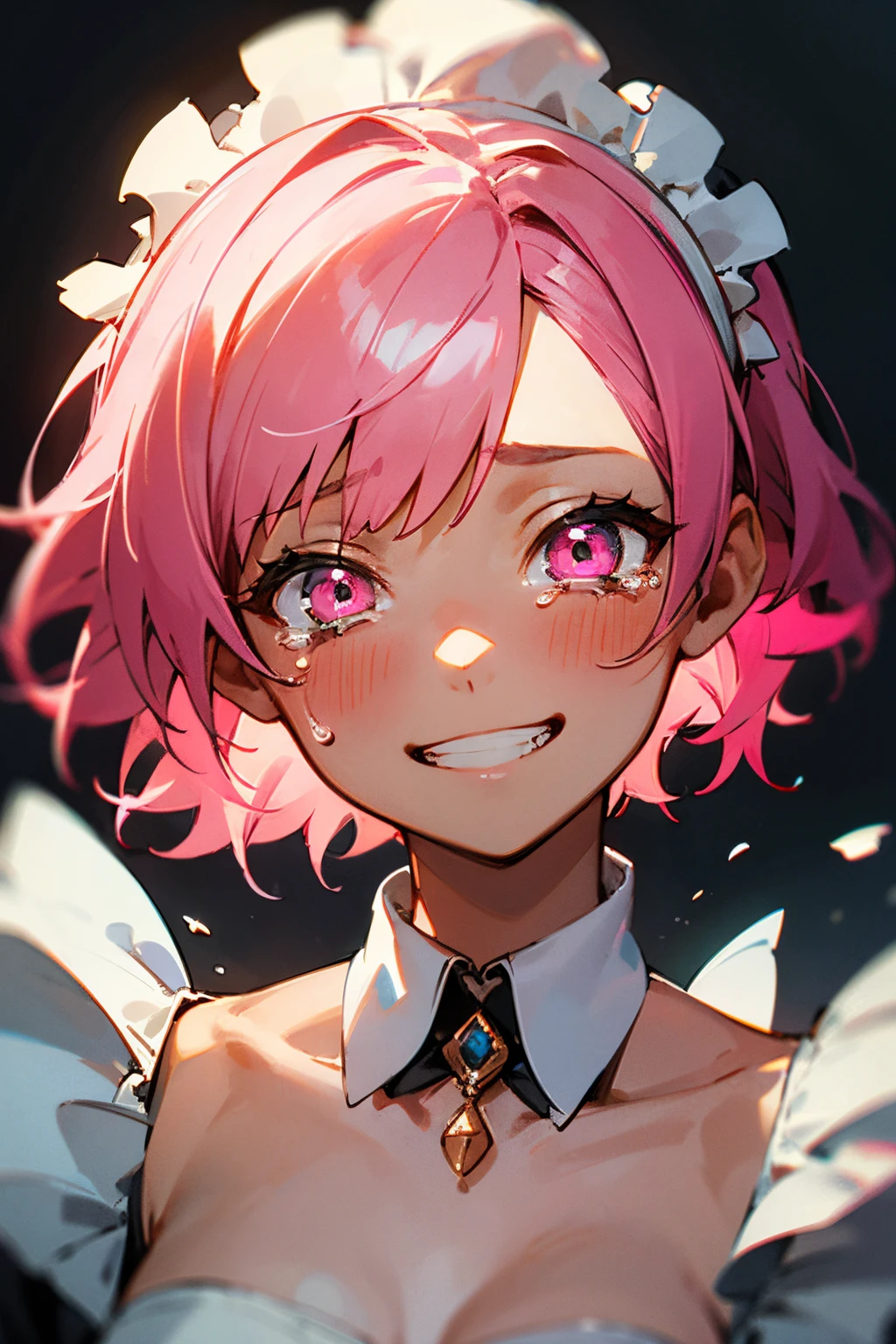 1girl, wear a wedding dress, short pink hair, glow pink eye, portrait, grin innocent, relief expression, smile, glowing, sidelighting, tears