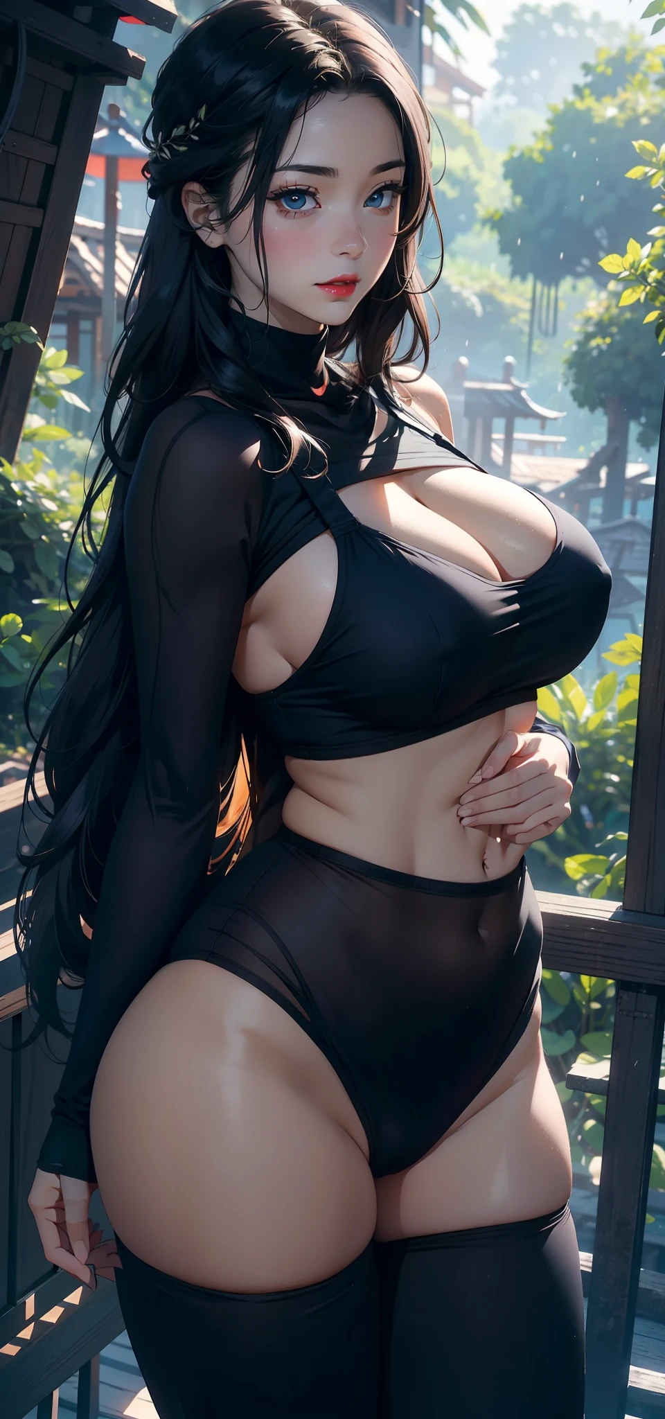 1female,45 yers old,Married woman,熟妇,Large breasts,long leges,big chest and thin waist, photo exposure, 独奏,(Background with:at a forest,the rainforest,in summer) She has long black hair,Redlip,The stands up,seen from the front, curlies, The sky is mostly cloudy,(((tmasterpiece),(Very detailed CG unified 8k wallpaper),Best quality,电影灯光,detailed back ground,beautidful eyes,Bright pupils,(very delicate beautiful),(Beautiful and detailed eyes description),ultra - detailed,tmasterpiece,)),facing at the camera,A high resolution,ultra - detailed),Expose breasts exposed,Bare genitals, convex,Camel toes,Raised sexy,pupils(dressed in:,Transparent apron,Black yoga pants)