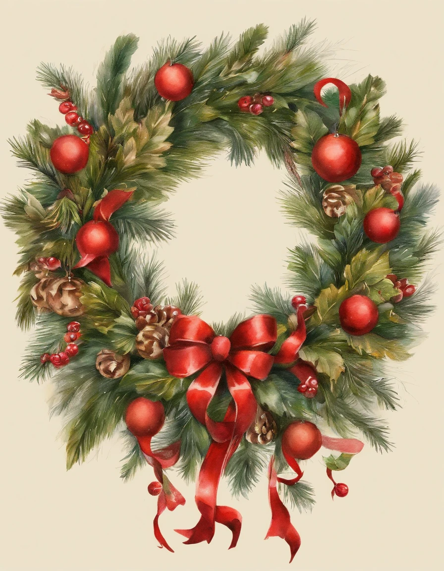 Christmas Wreath , Let'I came up with a nice Christmas flyer,  watercolor paiting, Trending on ArtStation, Sharp Focus, studio photo, Intricate details, Highly detailed, By Greg Rutkowski