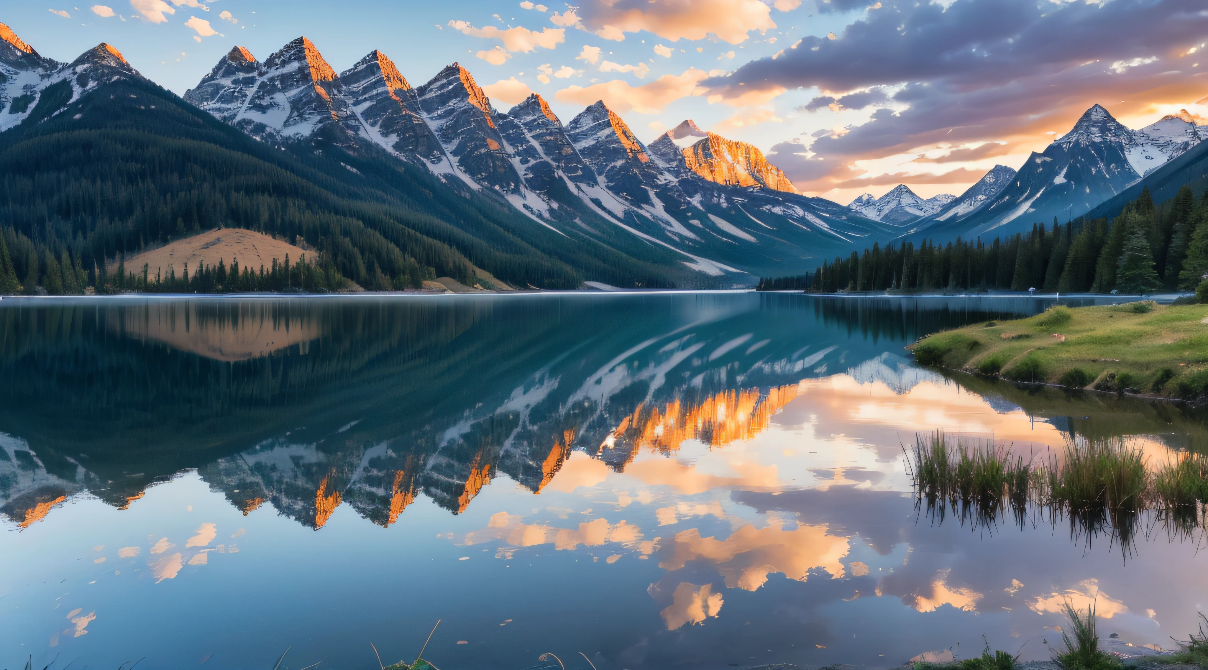 (highest quality image, Masterpiece), Detailed landscape, Calm lake (Reflection of bright sky at dusk),Nuances of colors,Quiet.