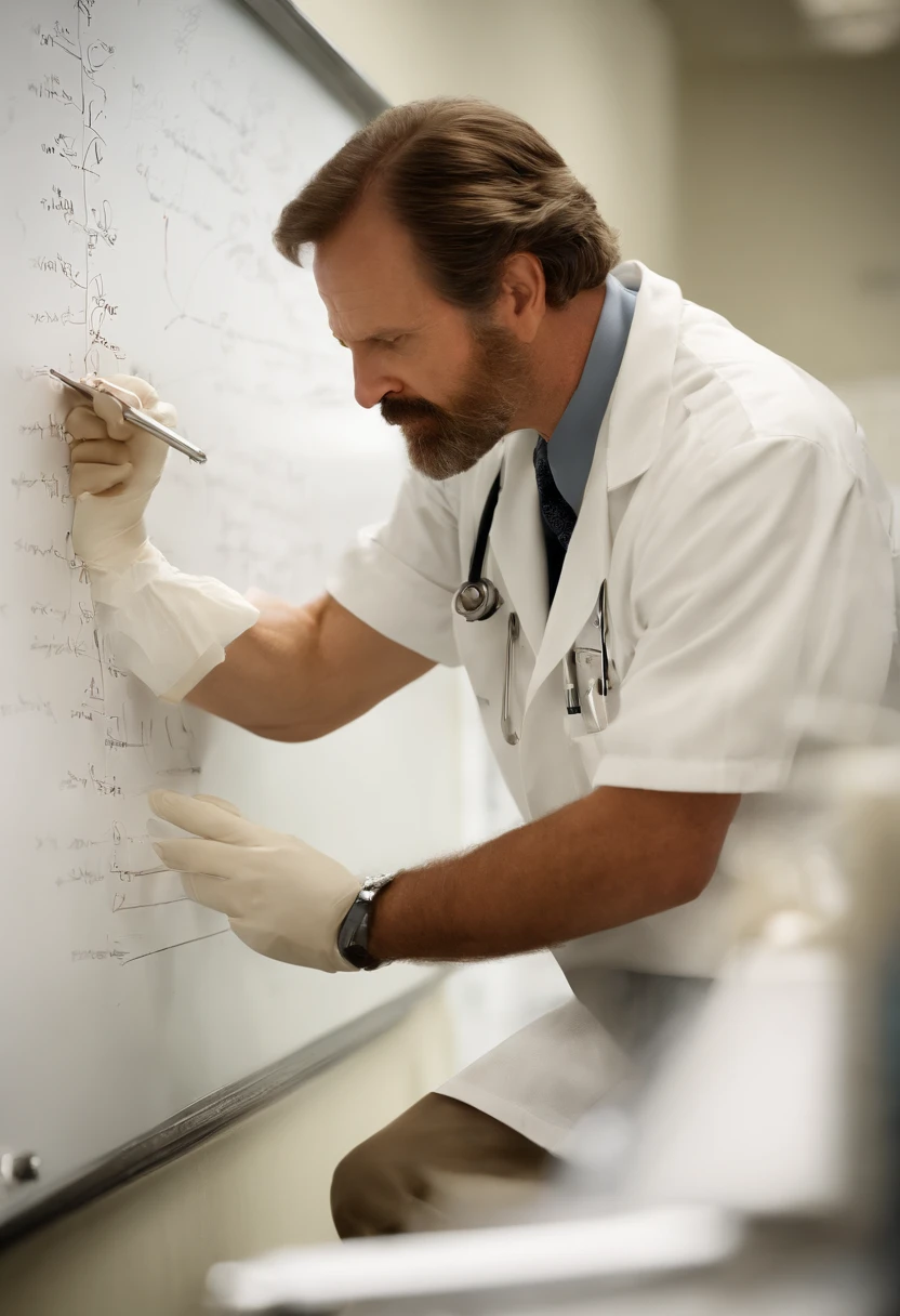 A photo of Dr. Richard Kimble working on a complex equation on a whiteboard,The Fugitive (1993),While on the run, Dr. Richard Kimble’s appearance is that of a man trying to blend in and avoid attention. He often appears disheveled, with a growing beard and unkempt hair, reflecting his life as a fugitive.