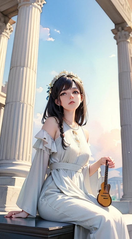 (top-quality、hight resolution、​masterpiece)、((Watercolor in Sargent style))、(David Hamilton Style)、(softfocus)、ancient greek scene 、The world of Bilitis songs、(greek female poet)、美丽的面容、Classic hairstyles、Beautiful figure、detail portrayal、(greek clothes)、White tunic、greek toga、(play instruments and sing)、ciinematic light、softlight、raytrace、luminous sky、greek architecture columns、greek pine、(nostalgia)、