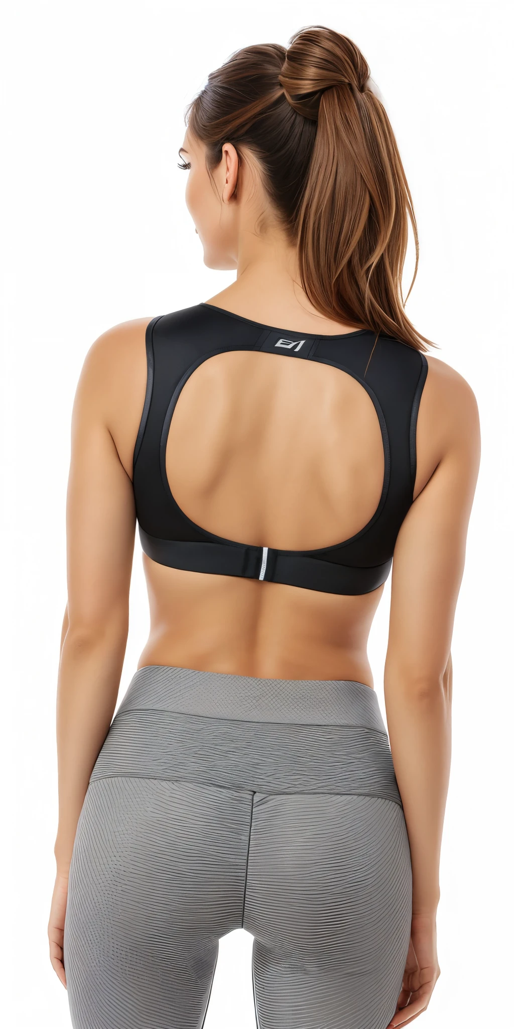 a woman in a black blouse and gray pants with a cutout on the back, Costas - Pneu, voltar - ver, view from behind, view of the back, detailed sports bra, rear facing, Backview, costas arqueadas, sports bra, seen from back, costas arqueadas, Back view, tiro pelas costas, view of the back, Esporte bom