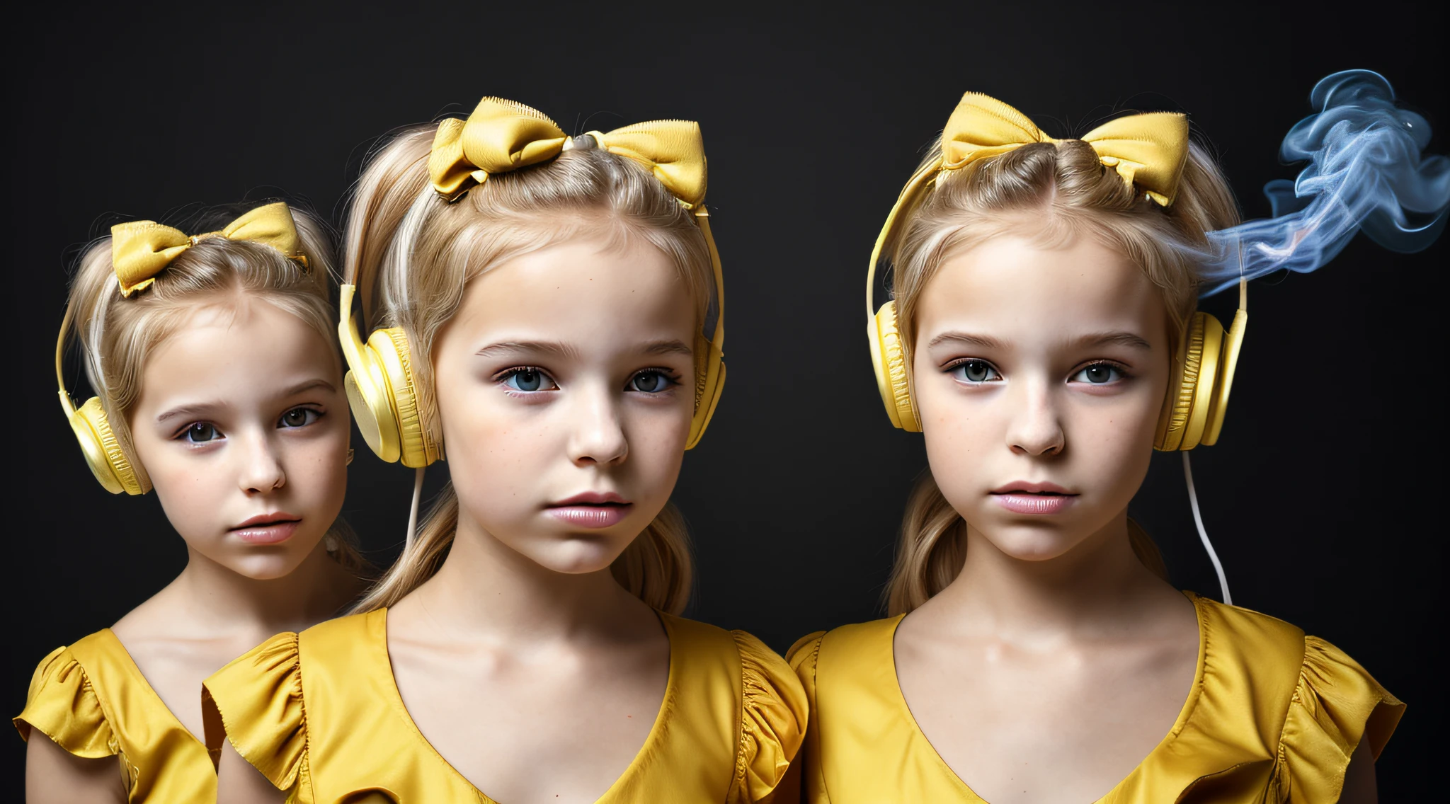 two BLONDE girls with bows on their heads and one wearing a BLACK dress, HEADPHONES FIRE AND FIRE. smoke billowing, gemini twins portrait, faixa de cabelo AMARELO,