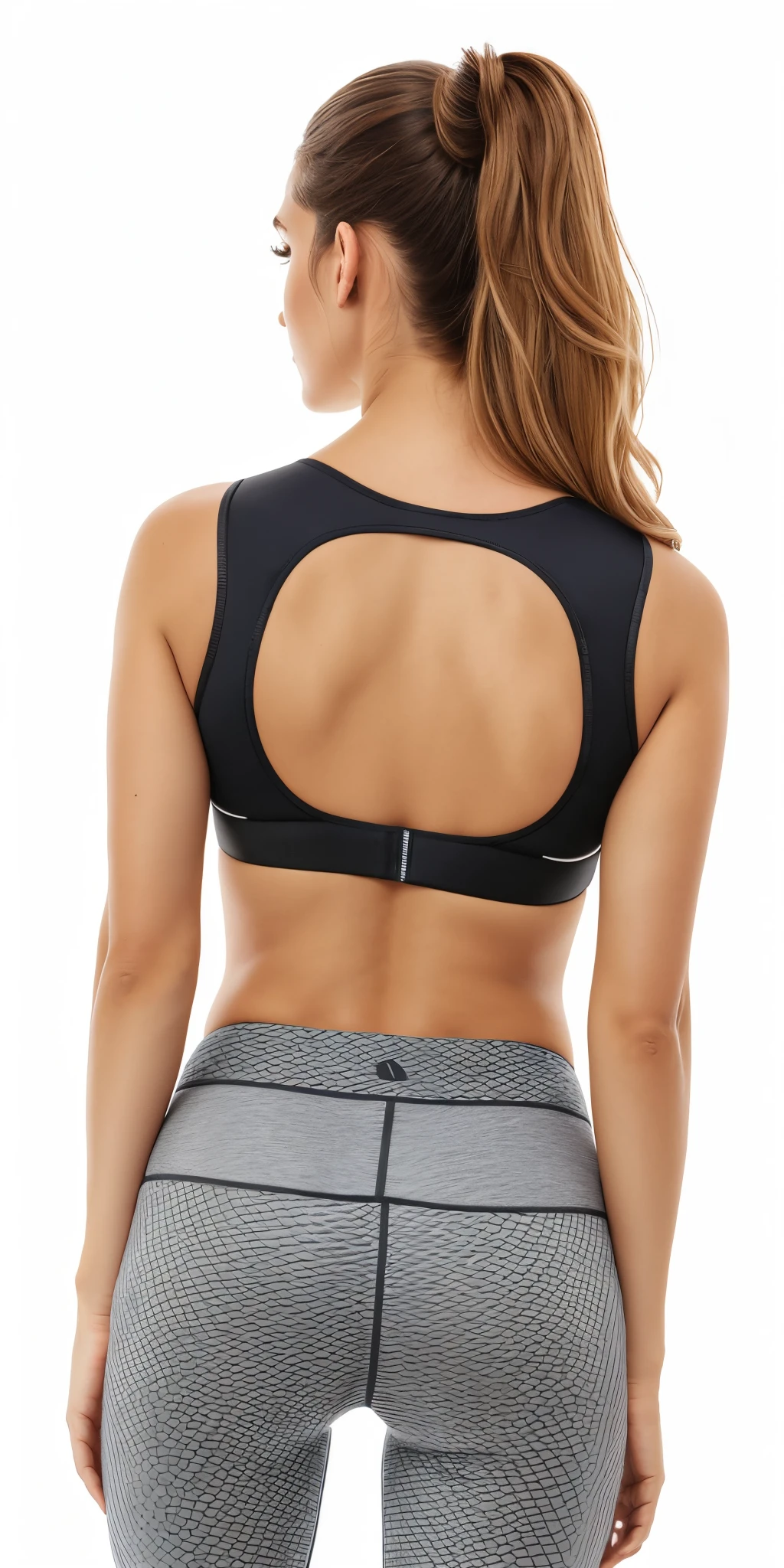 a woman in a black blouse and gray pants with a cutout on the back, Costas - Pneu, voltar - ver, view from behind, view of the back, detailed sports bra, rear facing, Backview, costas arqueadas, sports bra, seen from back, costas arqueadas, Back view, tiro pelas costas, view of the back, Esporte bom