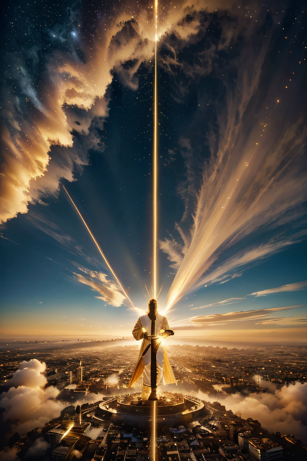 The powerful angel in gold and white robes threw his sword into the sky and instantly a colorful light appeared., transforming the sky into a beautiful panorama.