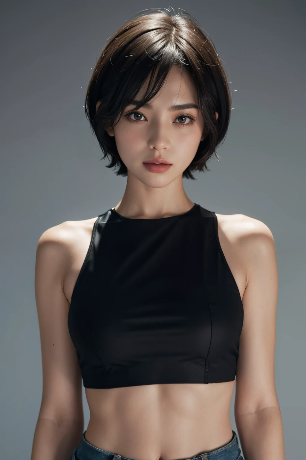 Girl wearing a crop top, short hair, wolfcut hair, upper body shot, potrait, studio, plain background, facelight, focused, sharp
