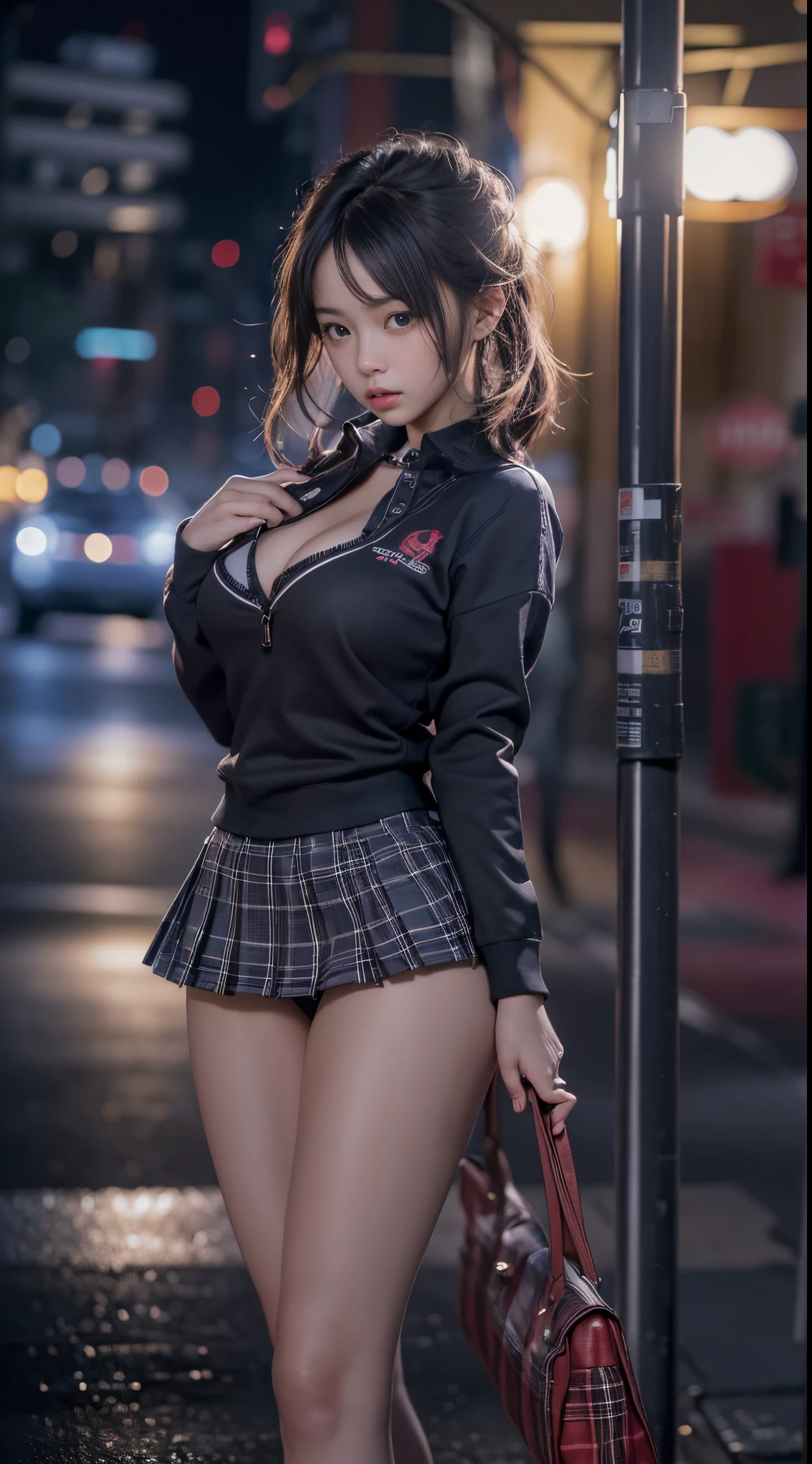 Best quality, masterpiece, ultra high res, (photorealistic:1.4), raw photo, (perfect body shape), (slim:1.2), dynamic pose, 1girl, (full figure:0.9), solo, big breasts, sagging breasts, school uniform, plaid mini skirt, in the dark, night, on the street, deep shadow, low key, cold light 12000K