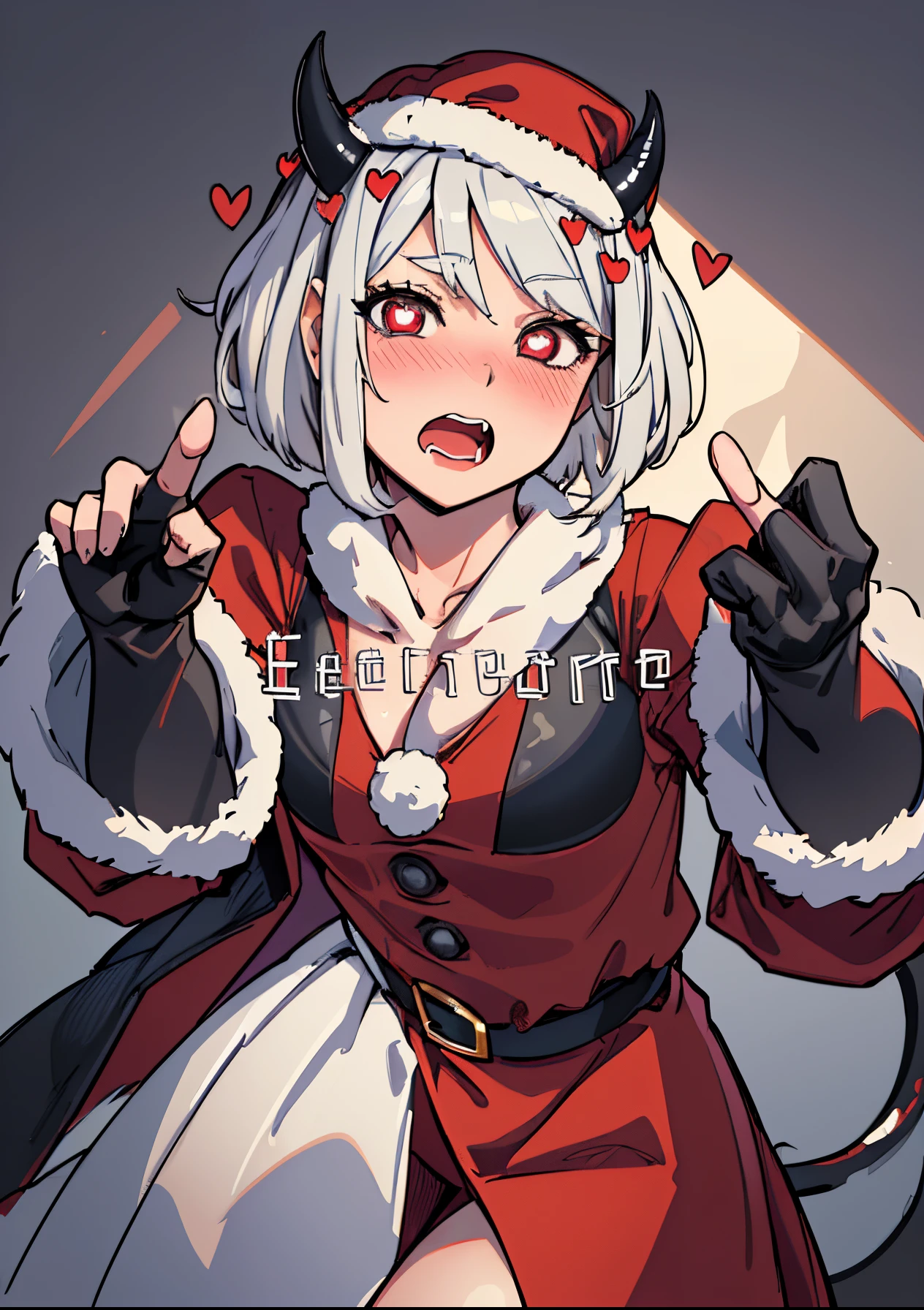 (masterpiece, best quality:1.2), cowboy shot, solo, 1girl, htmodeus, blush, open mouth, looking at viewer, heart-shaped pupils, white medium short hair, black horns, black daemon tail, dresded as Santa Claus, showing the middle finger