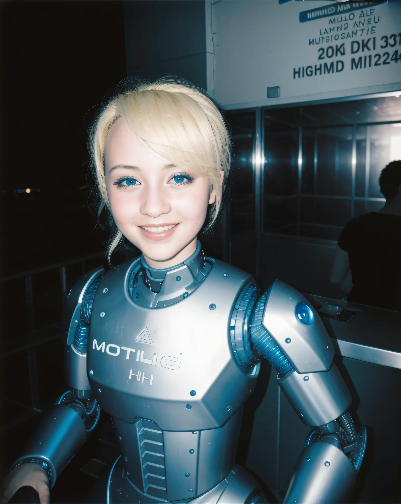 candid RAW color portrait photo of a humanoid robot BREAK
in a night club (at night:1.2), smile, looking at camera, solo, bokeh, Ilford Delta 3200 film, dof, high definition, detailed, intricate, flashlight