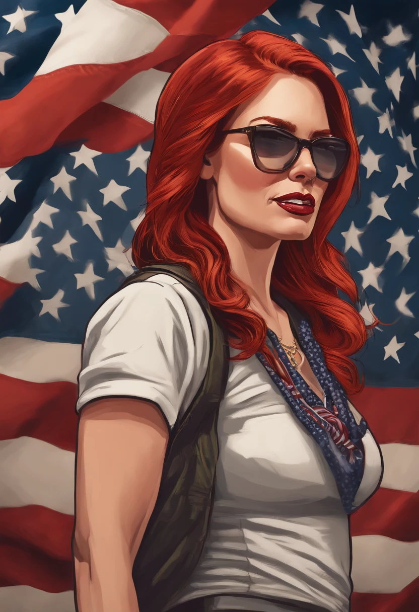 An image of the character giving a passionate speech at a political rally.,original,Maggie, a staunch MAGA devotee, stands out with her fiery red hair often styled in a patriotic bandana, and her wardrobe is a bold display of pro-Trump slogans and American flags. Her appearance is further marked by a determined, almost fierce expression, embodying her unshakable conviction in her political stance.