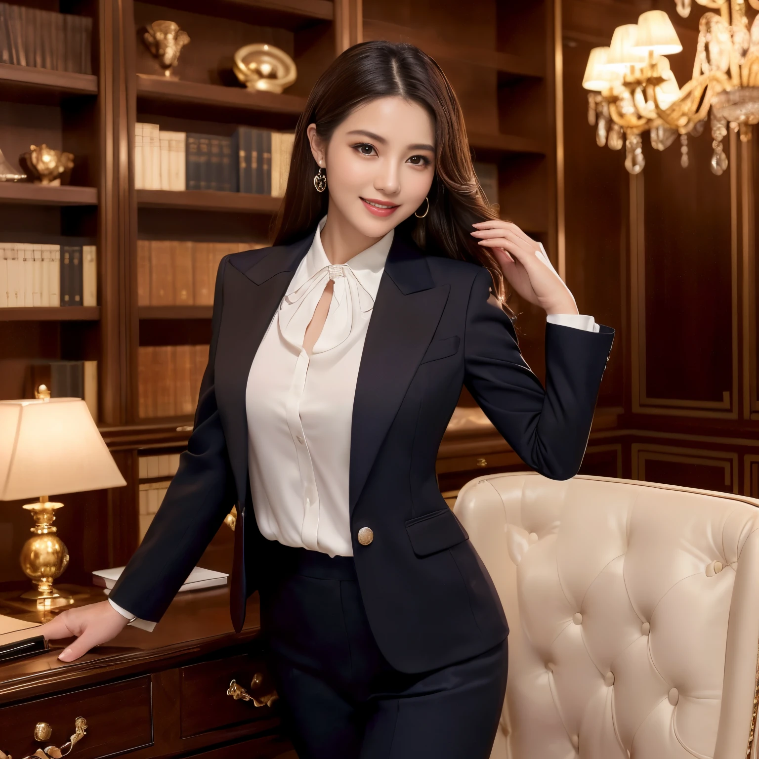 ((top-quality、masutepiece、8K、Top image quality))、((1 female secretary、She has the most luxurious CEO position&#39;s Office、standing elegantly、Secretary with elegant posture))、(1 photo:1.5)、(Female upper body photo:1.5)、(Female cowboy shot:1.5)、(Chignon、Navy Suit Jacket、Formal blouse、navy formal pants)、(The most luxurious and luxurious royal VIP room、bright lighting of chandelier、The most luxurious and luxurious desk、The most luxurious and luxurious glass showcase、the most luxurious and luxurious chair、the most luxurious and luxurious carpet、The most luxurious and luxurious bookshelf、the most luxurious and luxurious curtains)、perfect anatomia、Beautiful teeth、mournful smile、A detailed face、[[large full breasts]]