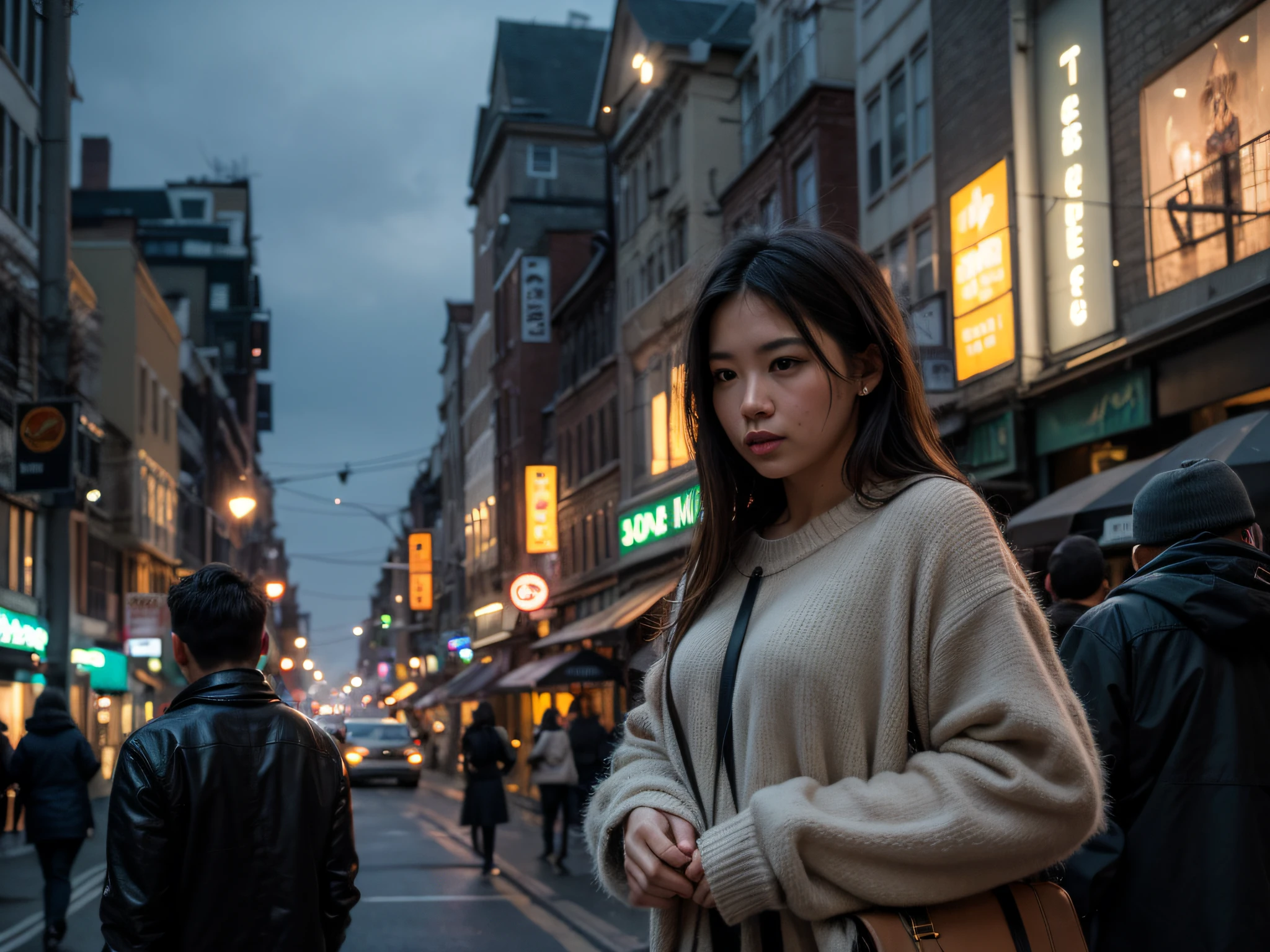 ((1 woman)), fog,thick fog,street, misty atmosphere,dense atmosphere,best quality,highres,ultra-detailed,realistic,portrait,photography,soft colors,dreamy lighting,hazy background,street lamp,warm tones,foggy street scene,urban setting,close-up,vivid colors,bokeh,layered clothing,cozy atmosphere,emotive expression,pensive gaze,tranquil ambiance,natural beauty,innocence,familial connection,street corner,urban lifestyle,serene environment,dusk,city lights