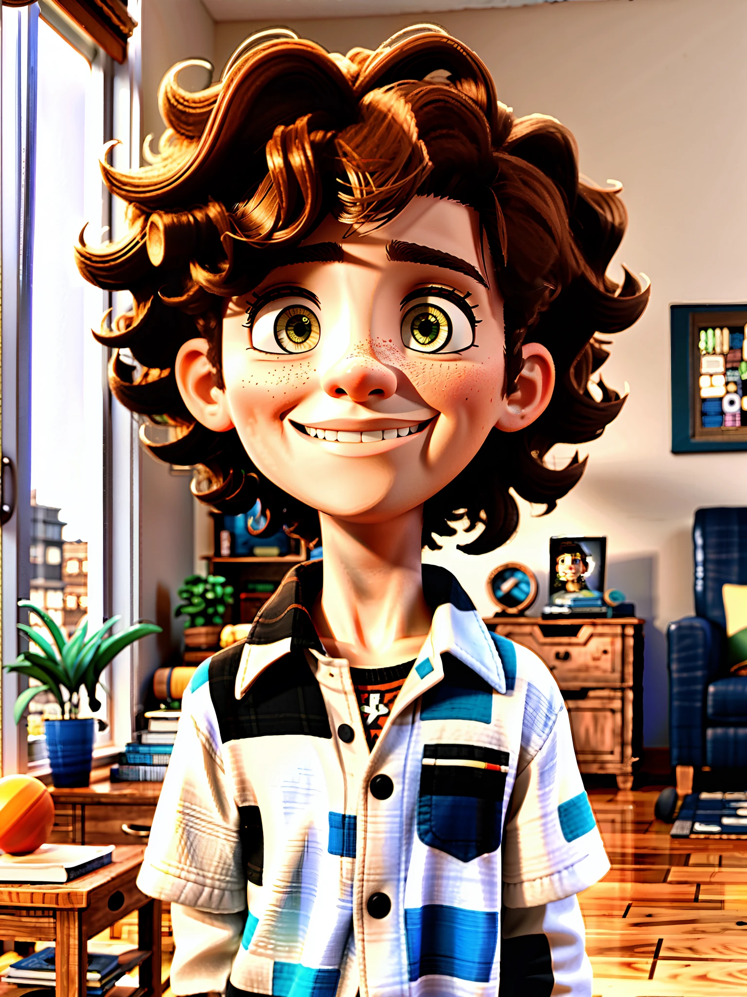 Hot calico boy with curly hair in an apartment
