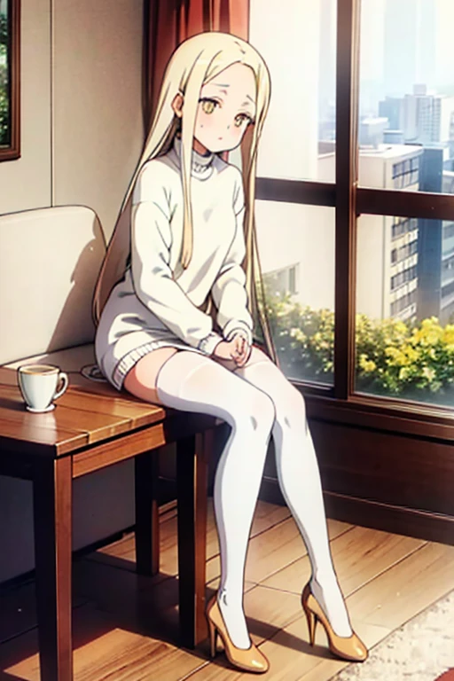 Young, slim, and petite woman with long yellow hair and very light eyes, wearing a white wool sweater that subtly emphasizes her bust, white stockings, and heels. She is sitting at the kitchen table with her legs crossed, enjoying a cup of coffee while gazing at the scenery.