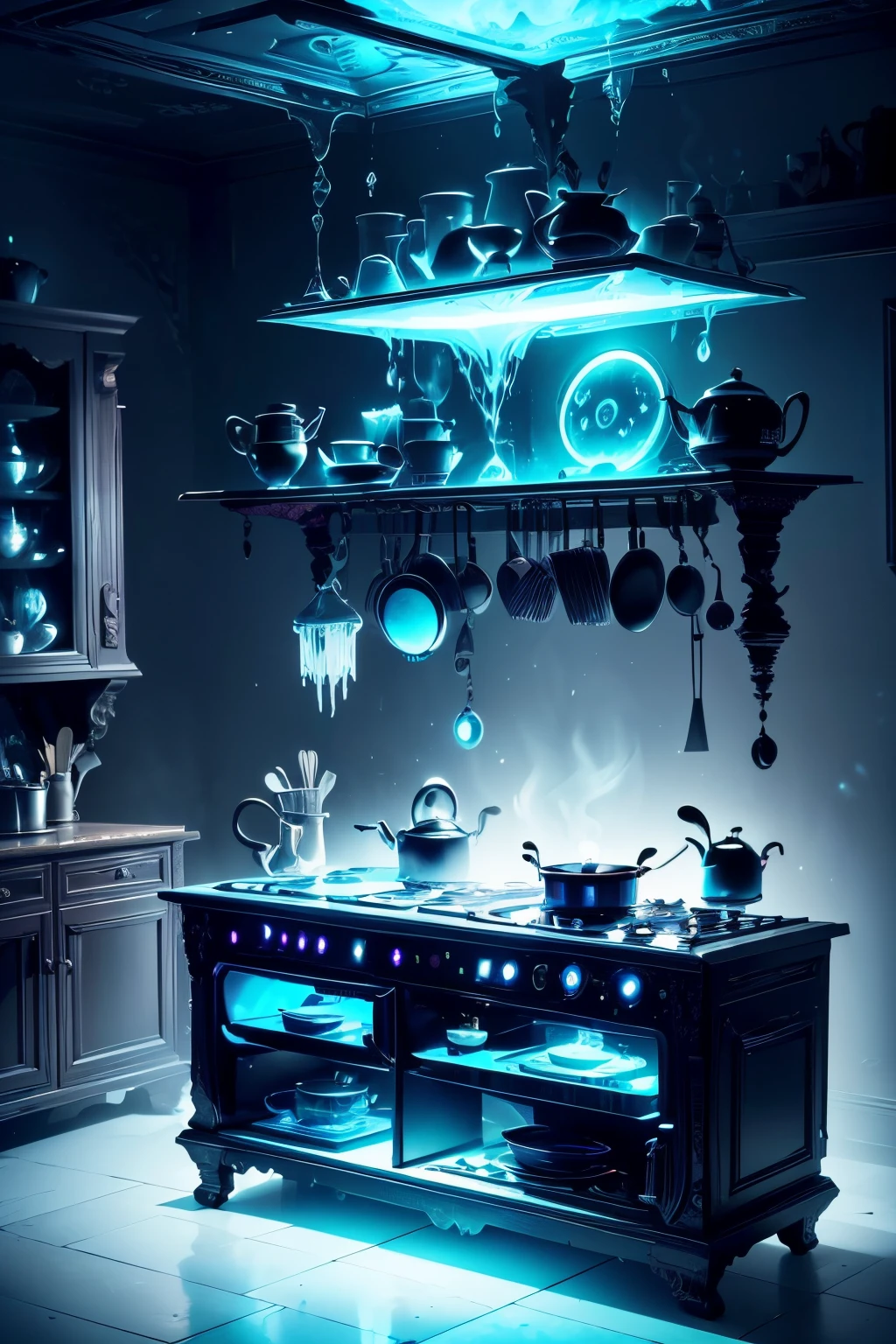 Weird kitchen with futuristic appliances, Dark atmosphere, eerie lights, Enchanted Vessel, haunted refrigerator, terrible stove, Haunted tableware, mysterious cabinet, Mystery Blender, Ghost Microwave, Supernatural Toaster, Creepy cookware, Mysterious countertop, spectrum receiver, Unforgettable kitchen gadgets, spooky ambiance, Spooky aura, Supernatural atmosphere, spooky ambiance, disturbing environment, Chilling decoration, Mysterious shadows, Spooky ghosts, otherworldly decoration, Spooky atmosphere, Haunted atmosphere, Weird atmosphere, Spooky atmosphere, chilling atmosphere, Otherworldly atmosphere, Supernatural atmosphere, Supernatural atmosphere, mystical ambiance, Unforgettable atmosphere, weird colors, dark palette, etherealglow, Haunting lighting, Weird lighting, ghostly light