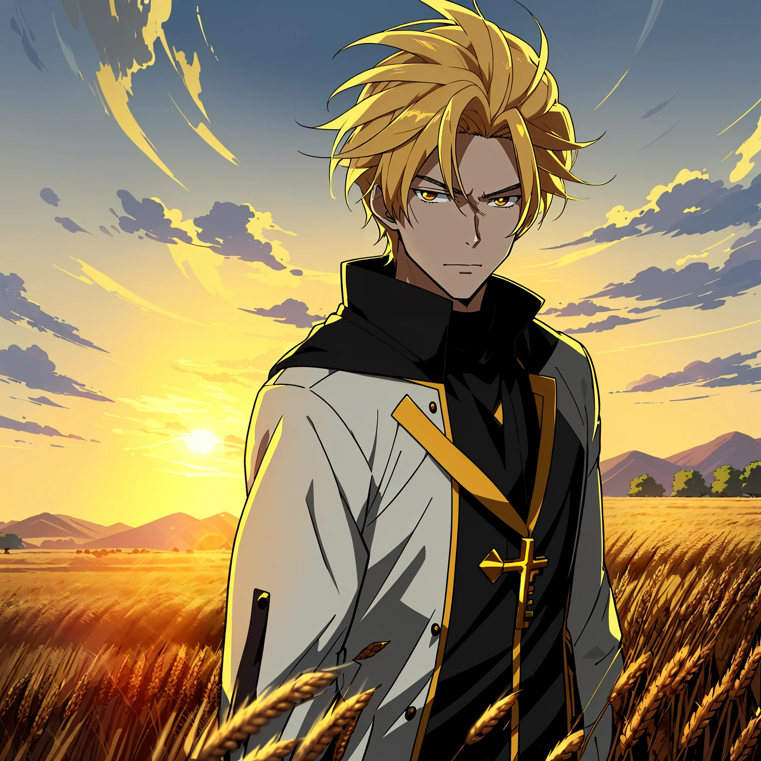 Handsome cartoon guy in black wheat field against sunrise background，Blonde hair，yellow-eyed，Manteau blanc，Gold trim, Anime handsome avatar,with a sacred feeling，Official illustration, offcial art, young anime man, Key anime art