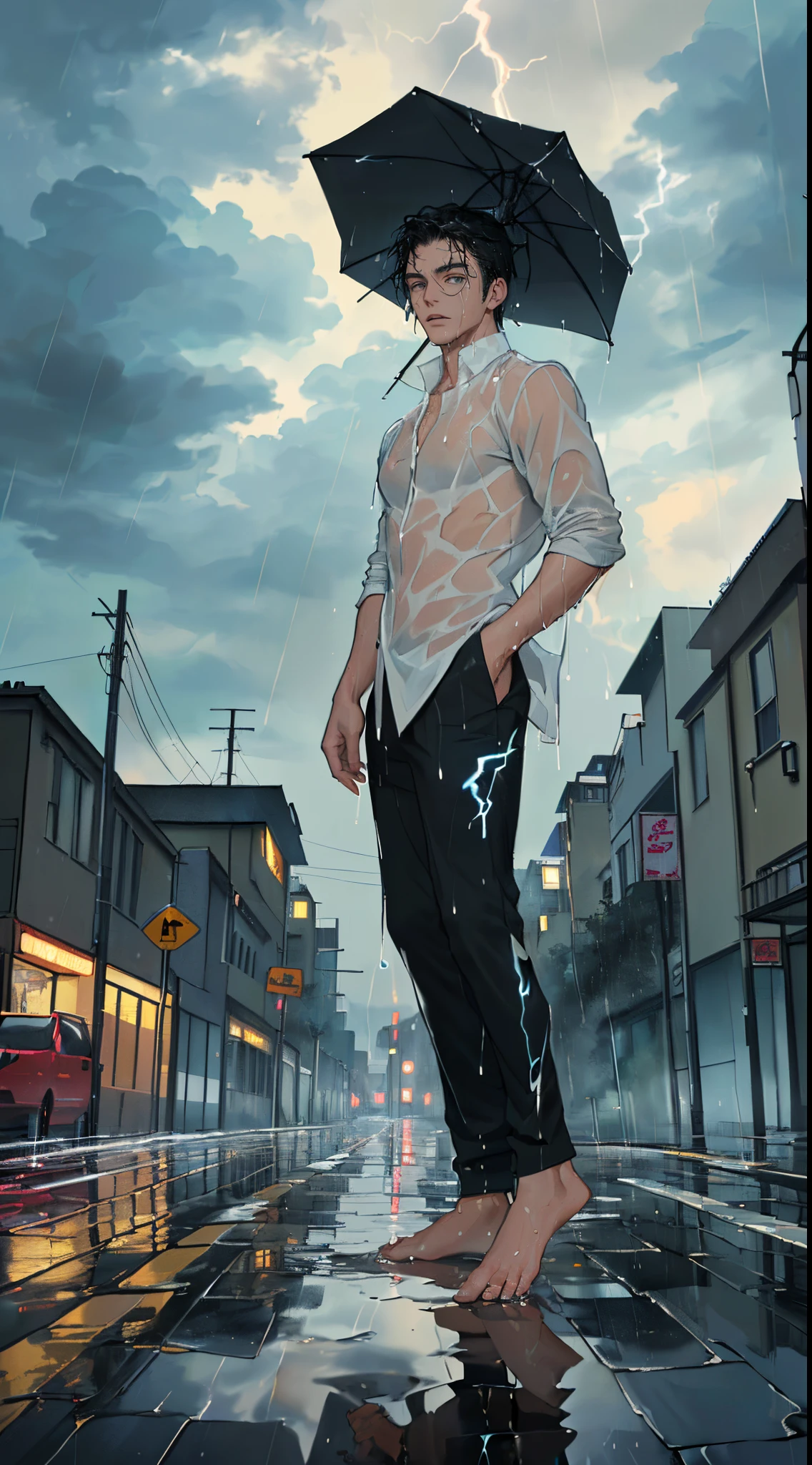 ((((Masterpiece, hiquality, absurdress), ((1male)), black hair, straight hair, Short Hair Hair, gray eyes, a perfect face, sports body , ((Best Quality)), ((Masterpiece)), (Detailed:1.4), Detailed eyes and face, in the rain, A wet shirt sticks to the body, wet pants, wet hair, Stand barefoot in a puddle, Black Sky, lightning all over the sky, It's raining heavily, The city, Street, The road is covered with puddles, Look at the sky, Admire the lightning,