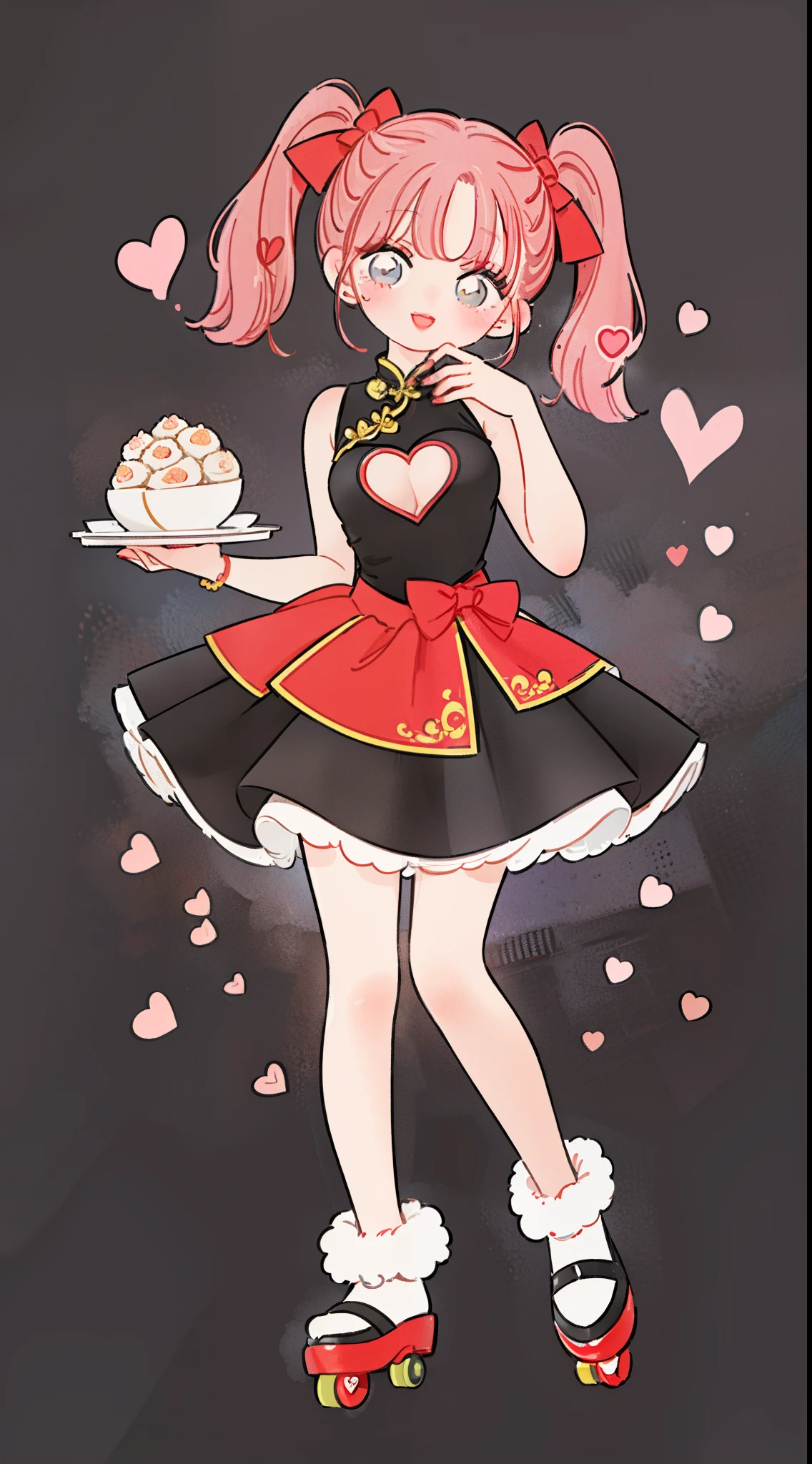 Masterpiece, best quality, high quality, ultra detailed, Girl standing on roller skates, with a tray in one hand, xiaolongbao on the tray, black cheongsam, ((cleavage cutout)), ((heart cutout)), big twin-tails hair, small breasts, cleavage, looking at viewer, smile, :p