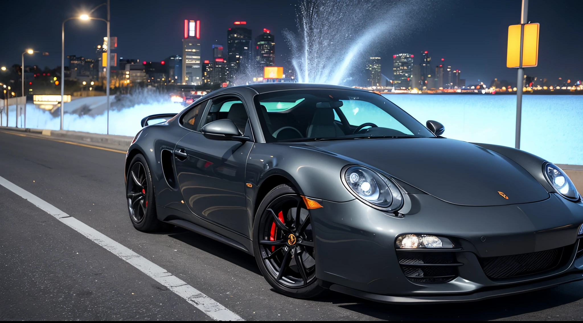 masterpiece, best picture quality, high resolution, 8K, realistic photo, car commercial photography, porche, shot on Hasselblad camera, medium format, professional lighting, bright lighting, dramatic lighting, mobility brand commercial photography, light flow, neo glow, long explore, shot on sony 85mm f1.4, shot on back, night city, ((depth of field)))