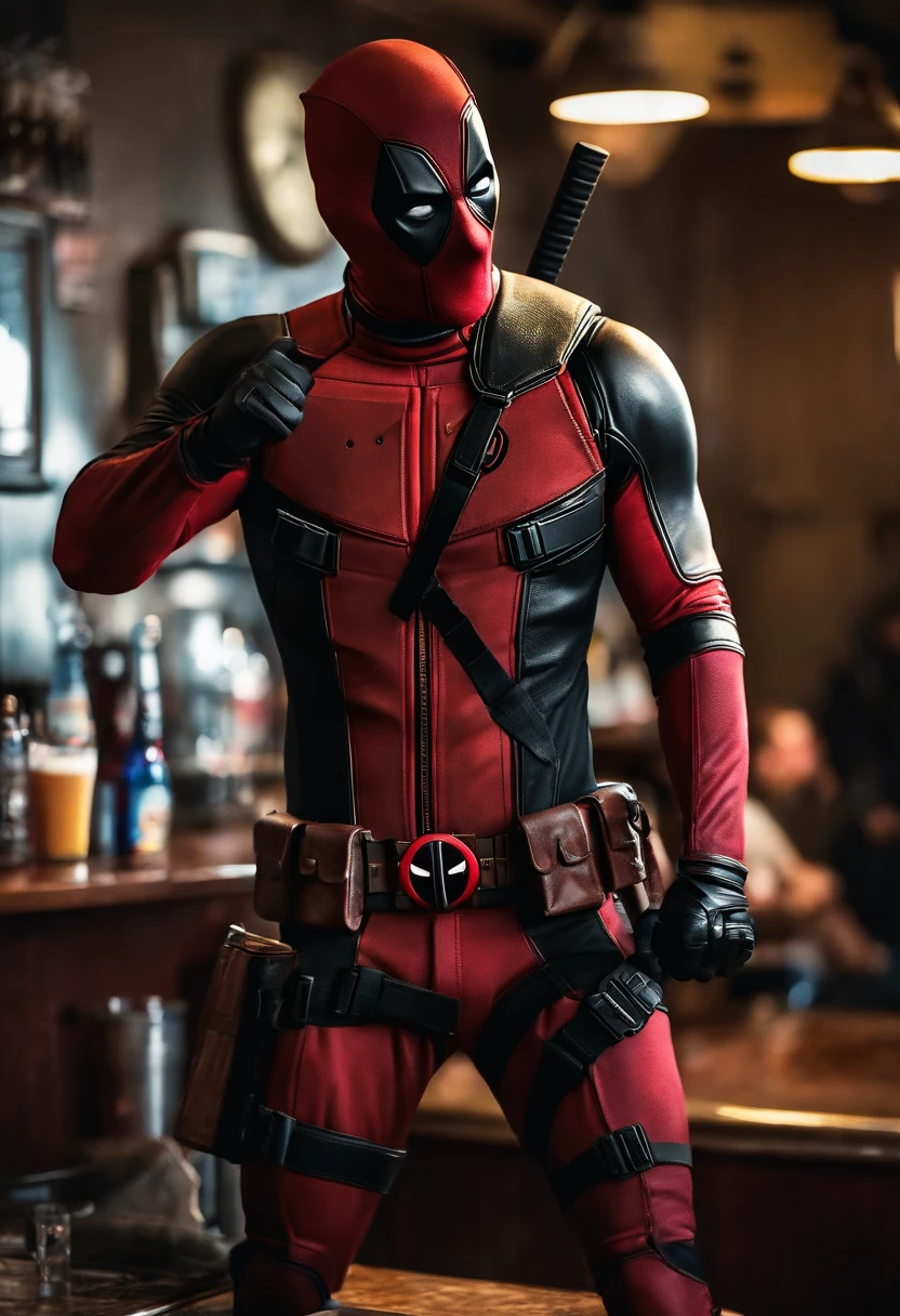 Deadpool doing a stand-up comedy routine at a local dive bar,Deadpool,Deadpool, the unconventional anti-hero from Marvel Comics, is known for his distinctive red and black suit, complete with a mask that covers his entire face, hiding his disfigured skin caused by advanced cancer and experimental healing factor. His appearance is athletic and agile, suitable for his acrobatic fighting style.
