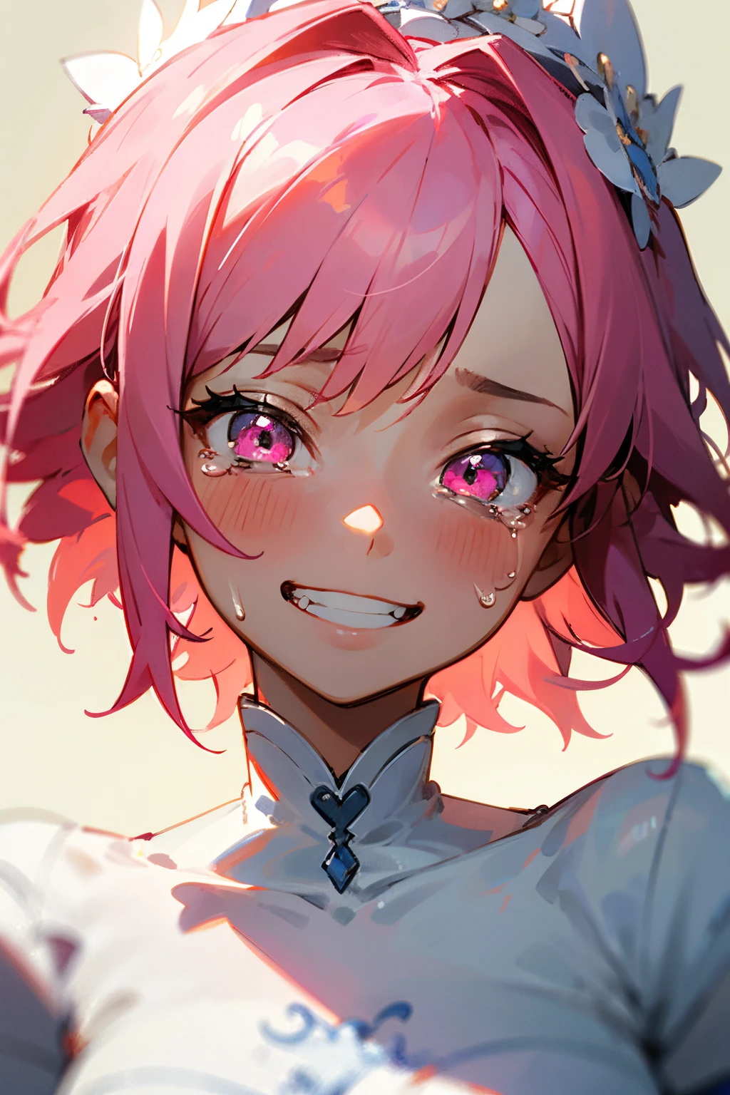 1girl, wear a wedding dress, short pink hair, glow pink eye, portrait, grin innocent, relief expression, smile, glowing, sidelighting, tears