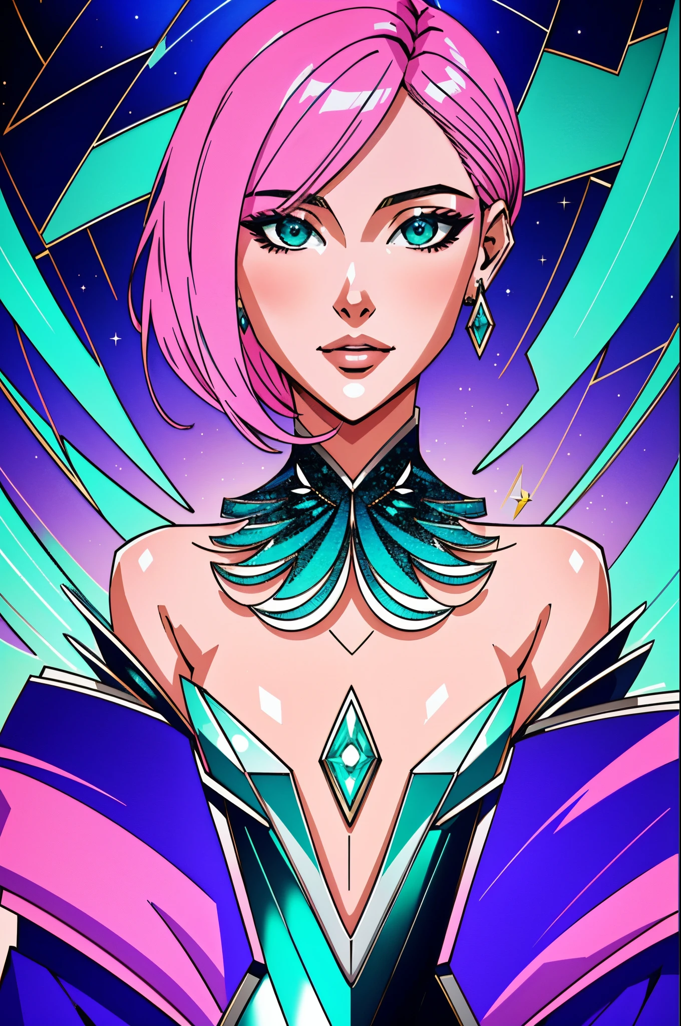 phosphophyllite, phos, short_hair, bob cut hairstyle, pink_hair, shiny_hair, (mature face:1.4), portrait, regal, robe, intricated, detailed,  cyberpunk,  splash screen, swirling background