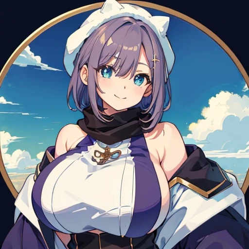 (​masterpiece、top-quality:1.2), Simple background, (Portrait:1.8), 独奏, 1girl in, Sumire Kaga, Virtual Youtuber, A smile, ((huge breasts, Crisp chest, curvy, gigantic breasts, (gigantic breasts:1.5), gigantic sagging breasts)), Mouth closed, Look at viewers, short-hair, hair adornments, White cap, The shirt, Capelet, scarf、(((((anime styled)))))、(((kawaii)))