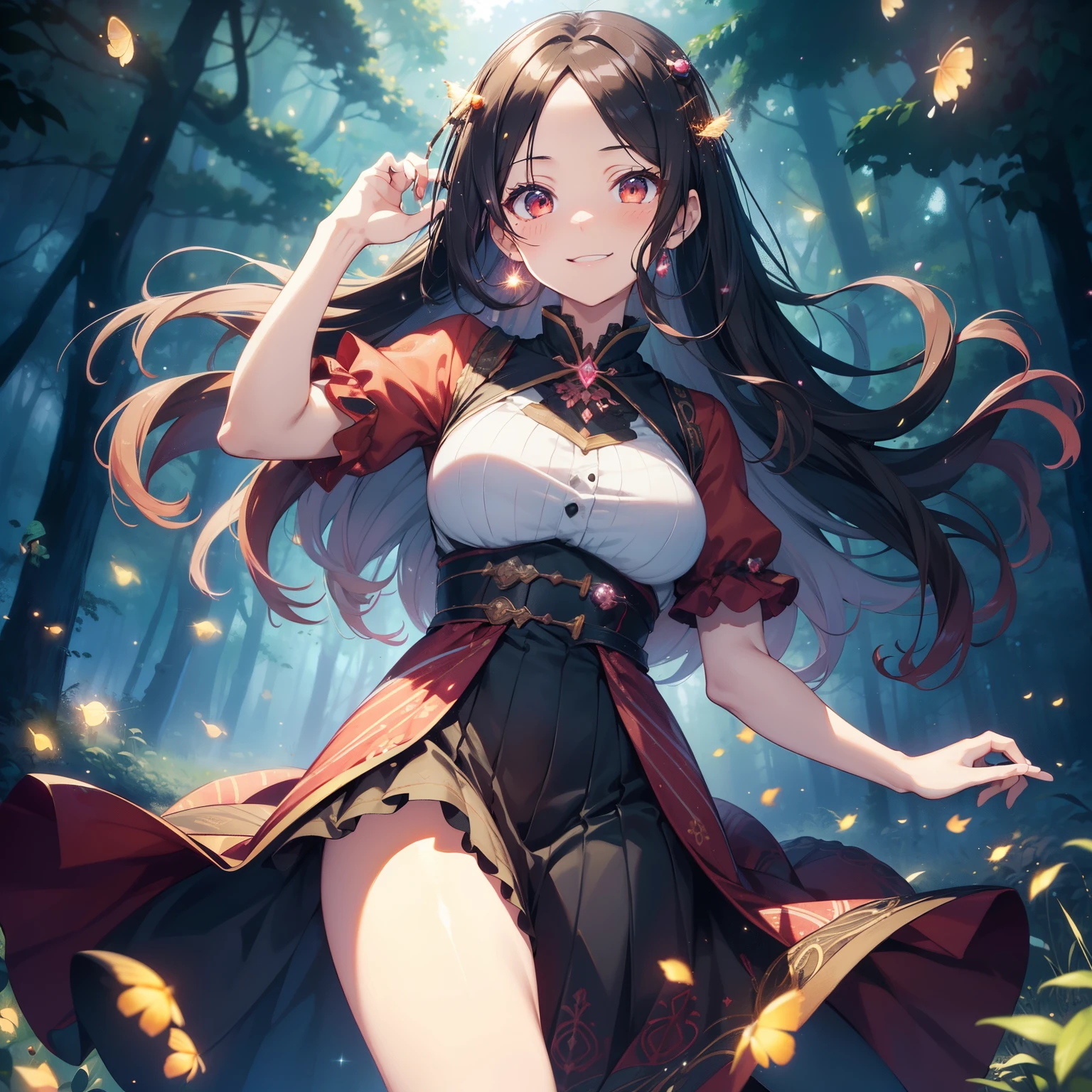 (masutepiece,Best Quality,8K),(extremely detailed CG1.1),teens girl,Smile,large boob,(From below:1.2),Intricate details , Hyper realistic, Perfect Anatomy,A dark-haired,Red Eyes,(((Forehead))),Permed hair with wavy hair,(((length hair))),Hair over one eye,hair slicked back,Full body,(((princess dress ))),blush,Happy smile,(((Magical forest with glowing fireflies))),Lens Flare,Wind,Magnificent view,(chromatic abberation:1.3),Dynamic Angle,Cowboy Shot,Looking at Viewer,is standing,Float