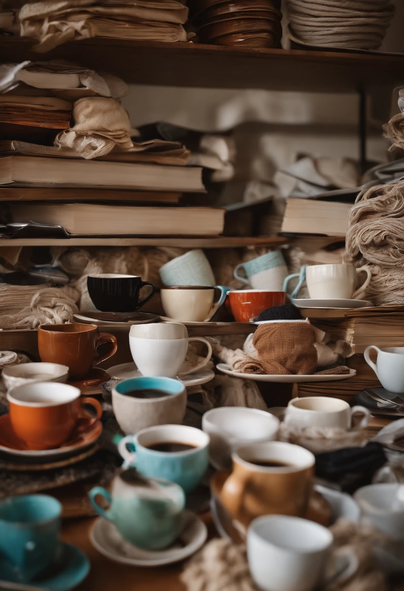 A photo of a messy desk covered in empty coffee cups, scattered papers, and half-finished knitting projects,original,Man